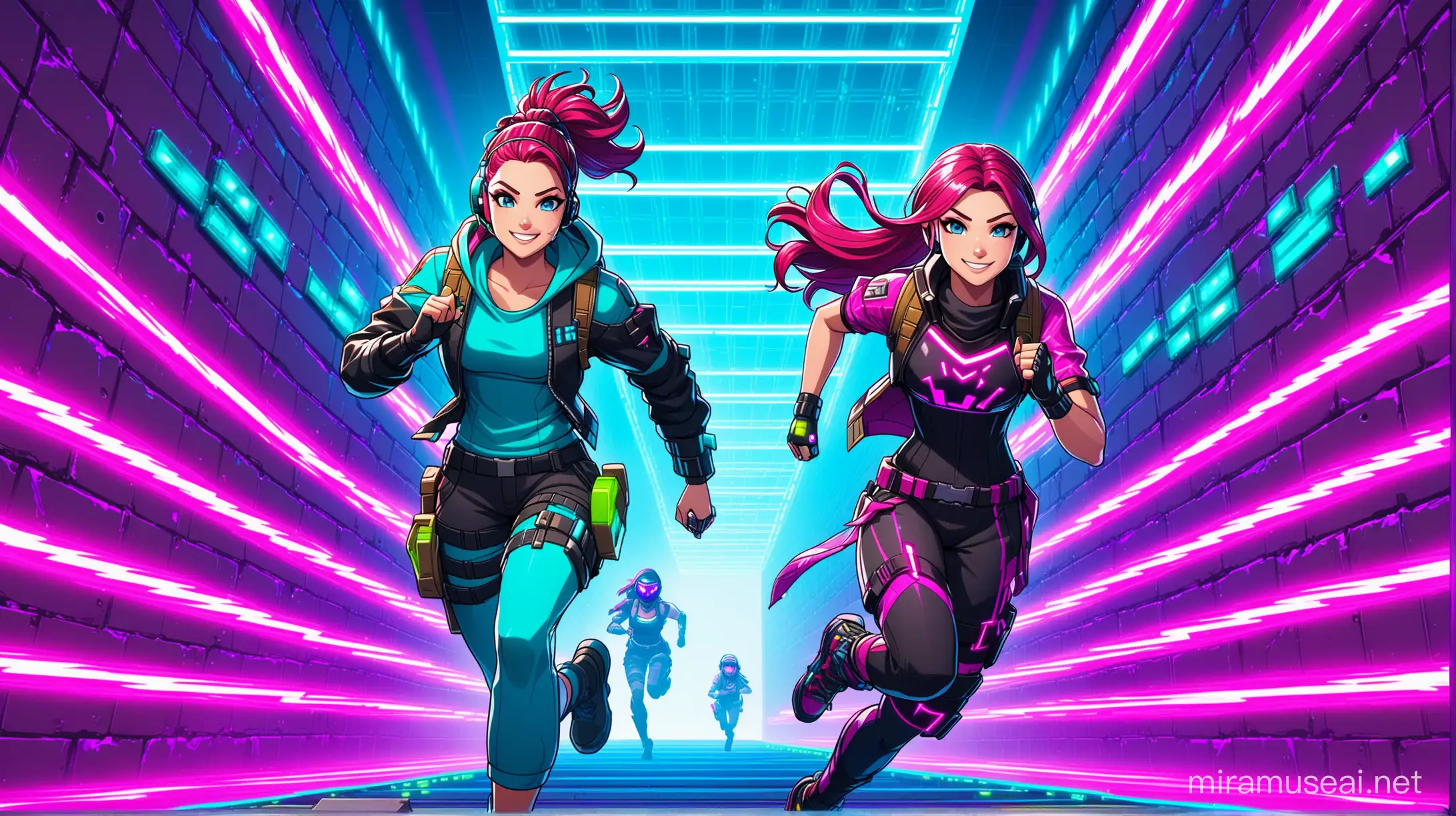 two colorful Fortnite characters named Rick and Anna and they are smiling and are running an obstacle course. the theme is cyberpunk with neon and metal walls