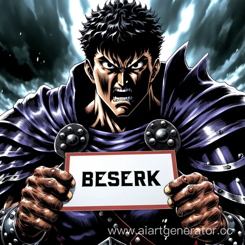 berserk guts looks very angry and holding a placard with his hands
