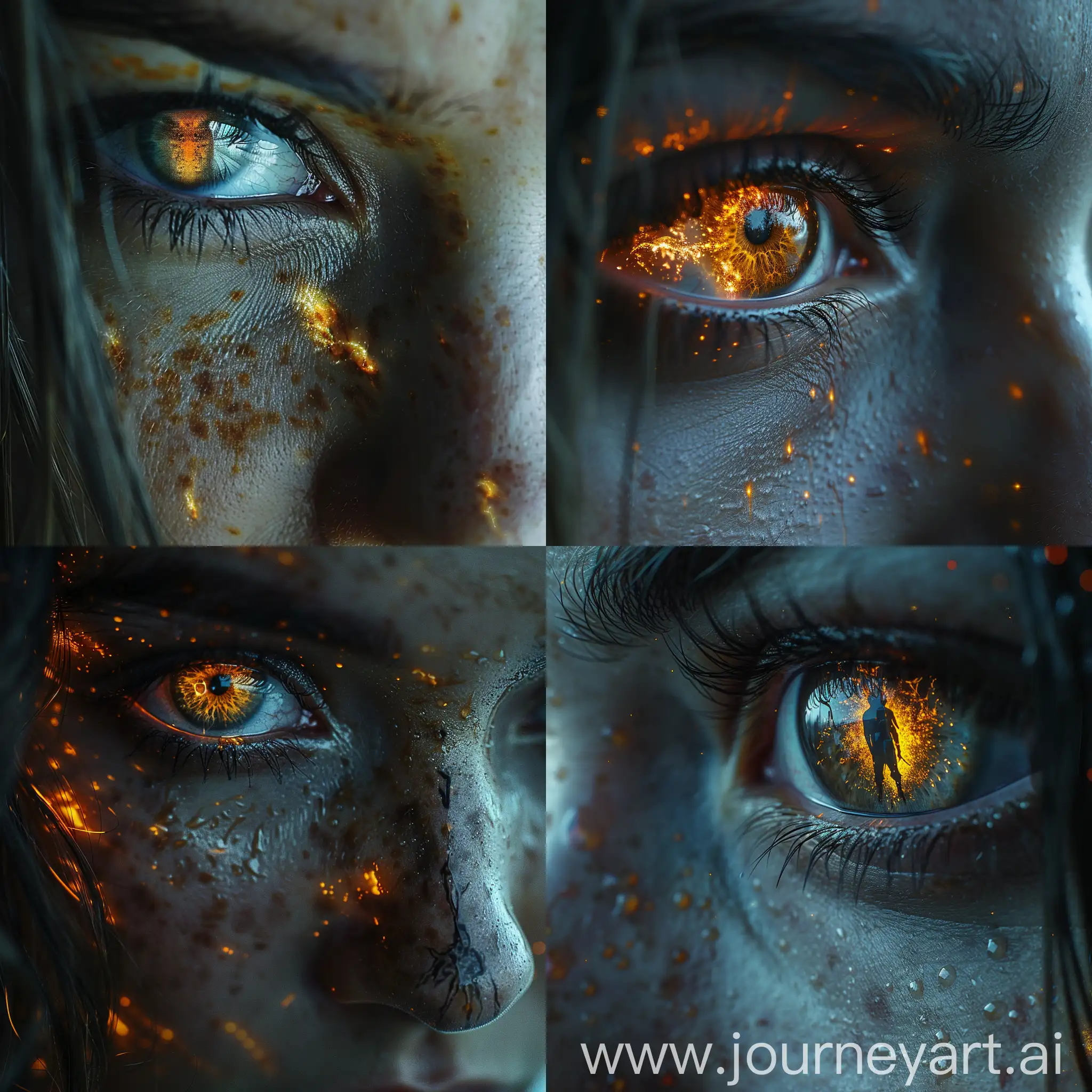 macro shot of a woman's visible pupils reflecting a man turning into ash, I got destroyed by looking at her eyes for only once, a woman's visible pupils reflecting a man turning into ash, perfect closeup pupil REFLECTING a man turning into ash,  uncropped, 8k, incredible depth, --stylise 750