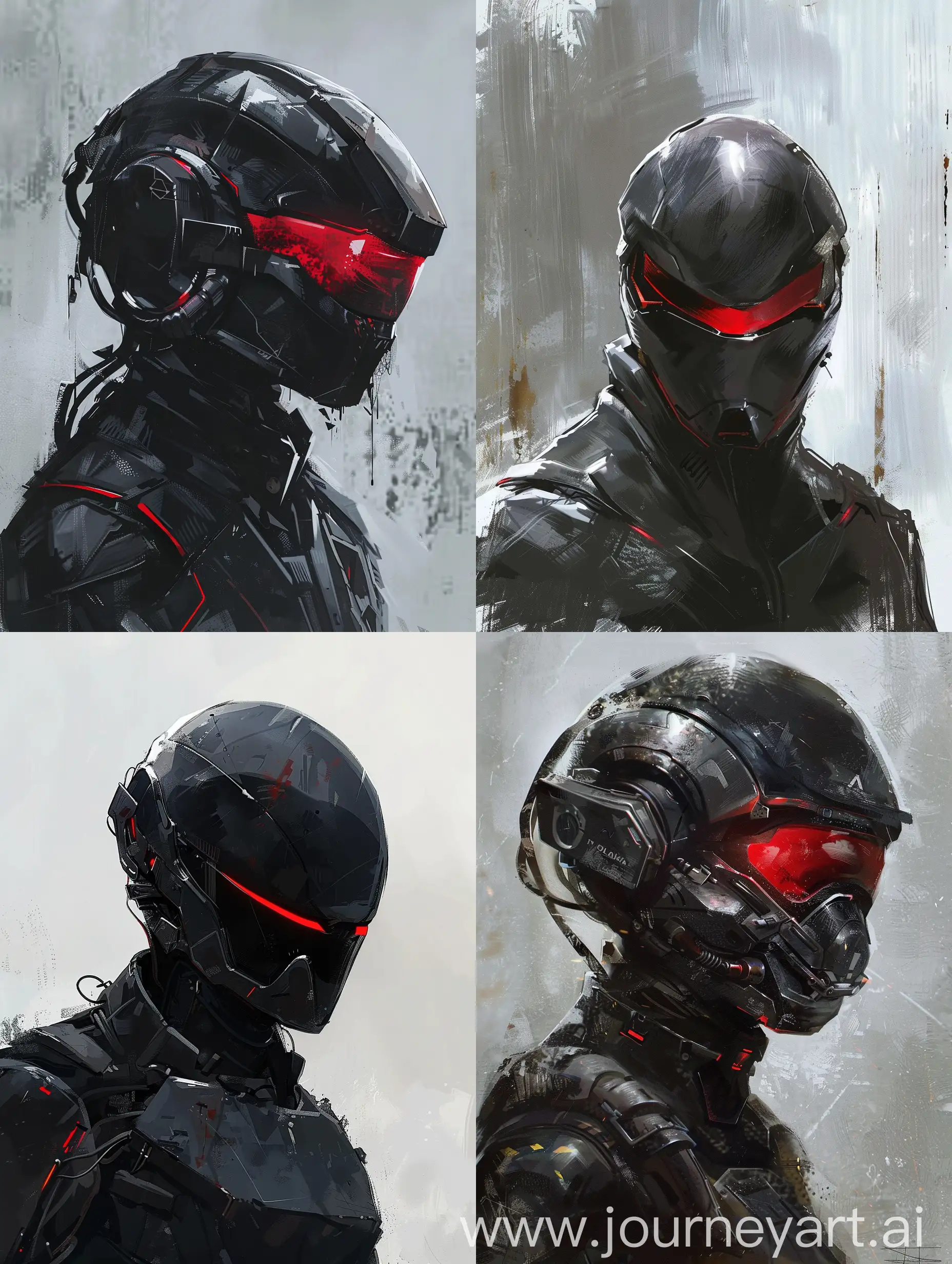 concept art, dark future anime, black mask with red visor, sci fi soldier