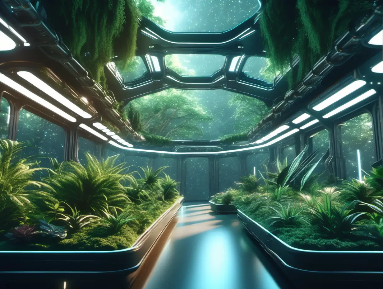 Interior of bright colossal interstellar spaceship, full of plants, forrest,  3d octane render, beautiful, award winning, wide shot, hypermaximalist, octane render, cinematic lighting, detailed --ar 4:3 --s 750