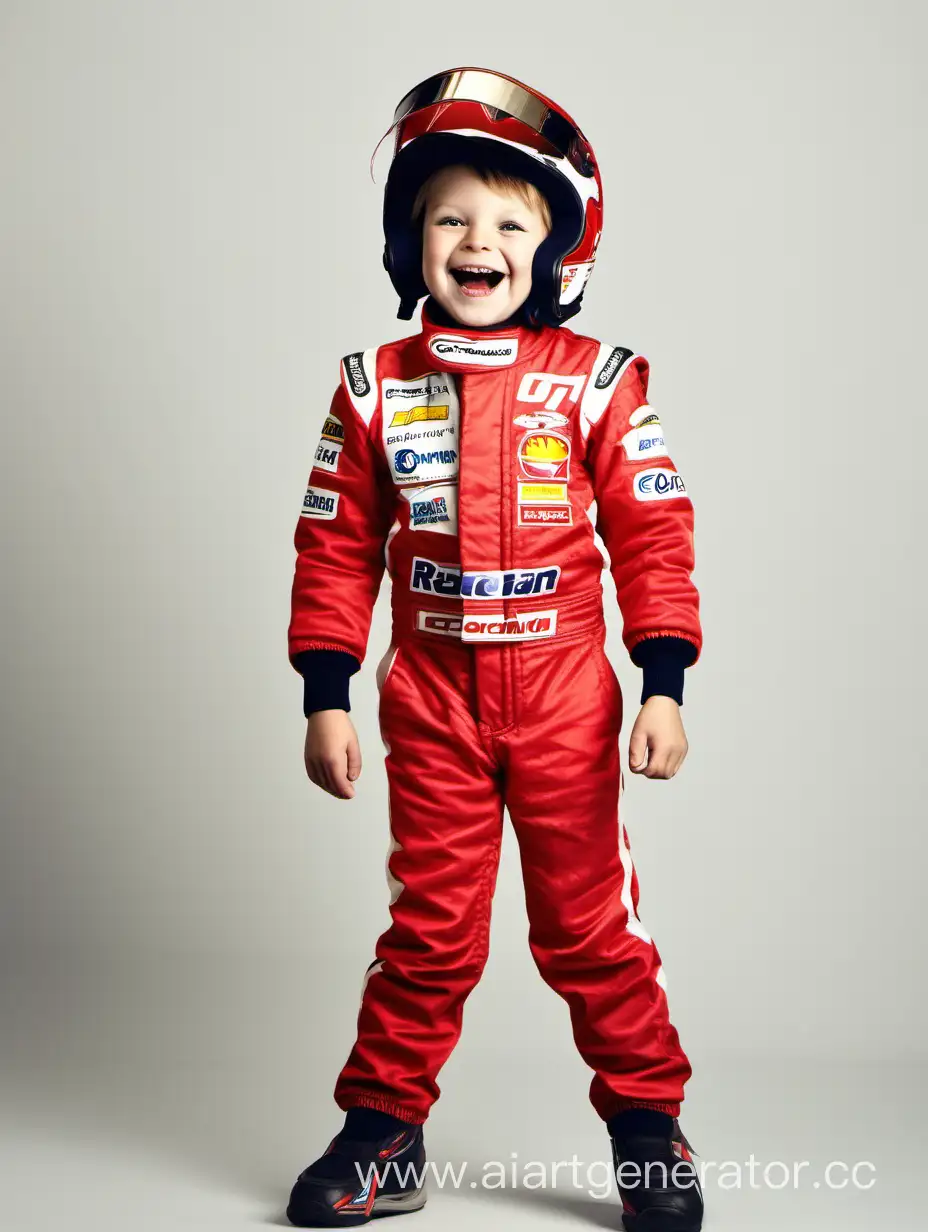 счастливый ребенок в красном гоночном костюме