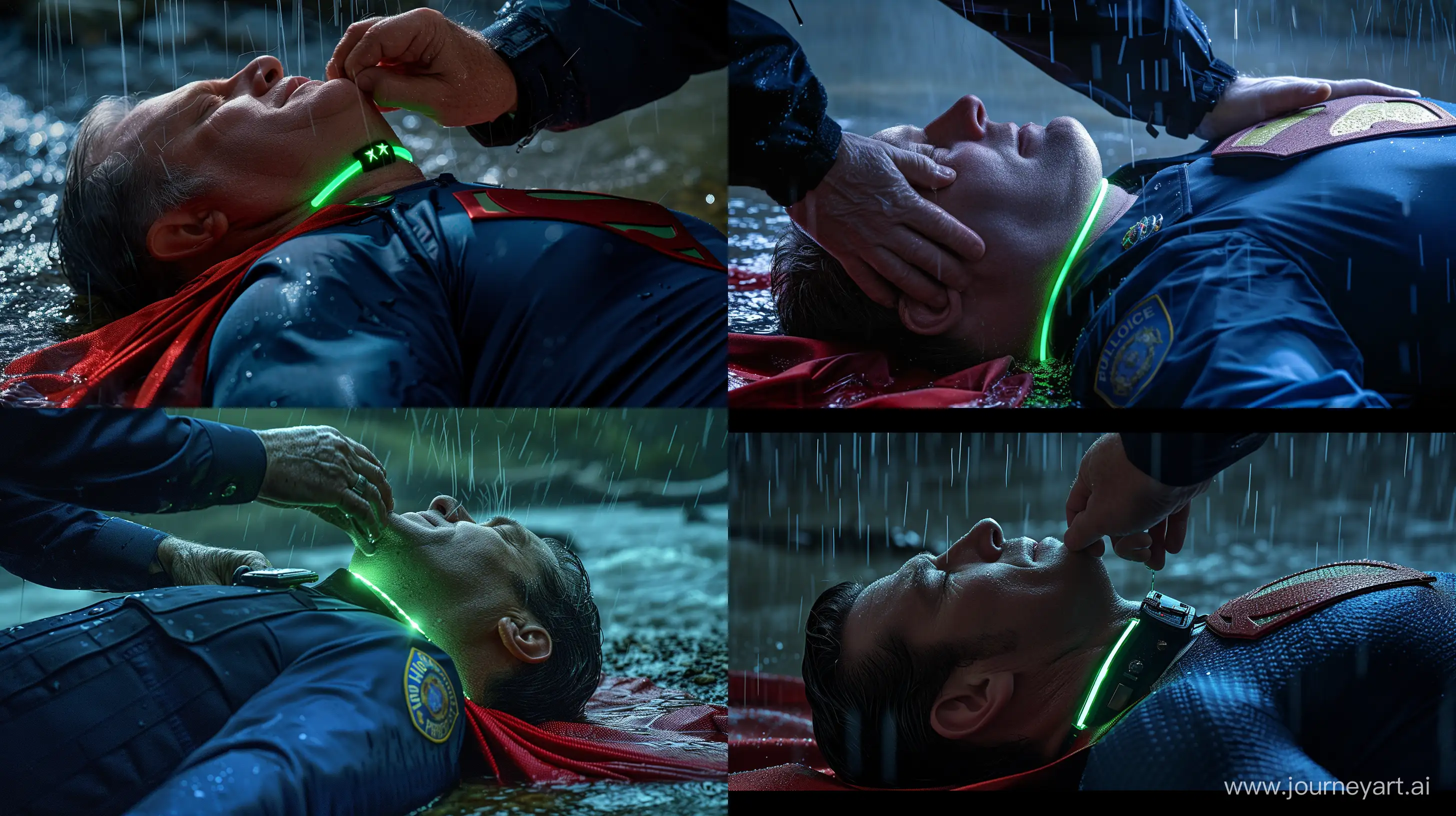 Close-up photo of a 100 kg man aged 60 wearing a navy silk police tactical uniform. Tightening a tight green glowing neon dog collar on the nape of a fat man aged 60 wearing a tight blue 1978 smooth superman costume with a red cape lying in the rain. Natural Light. River. --style raw --ar 16:9
