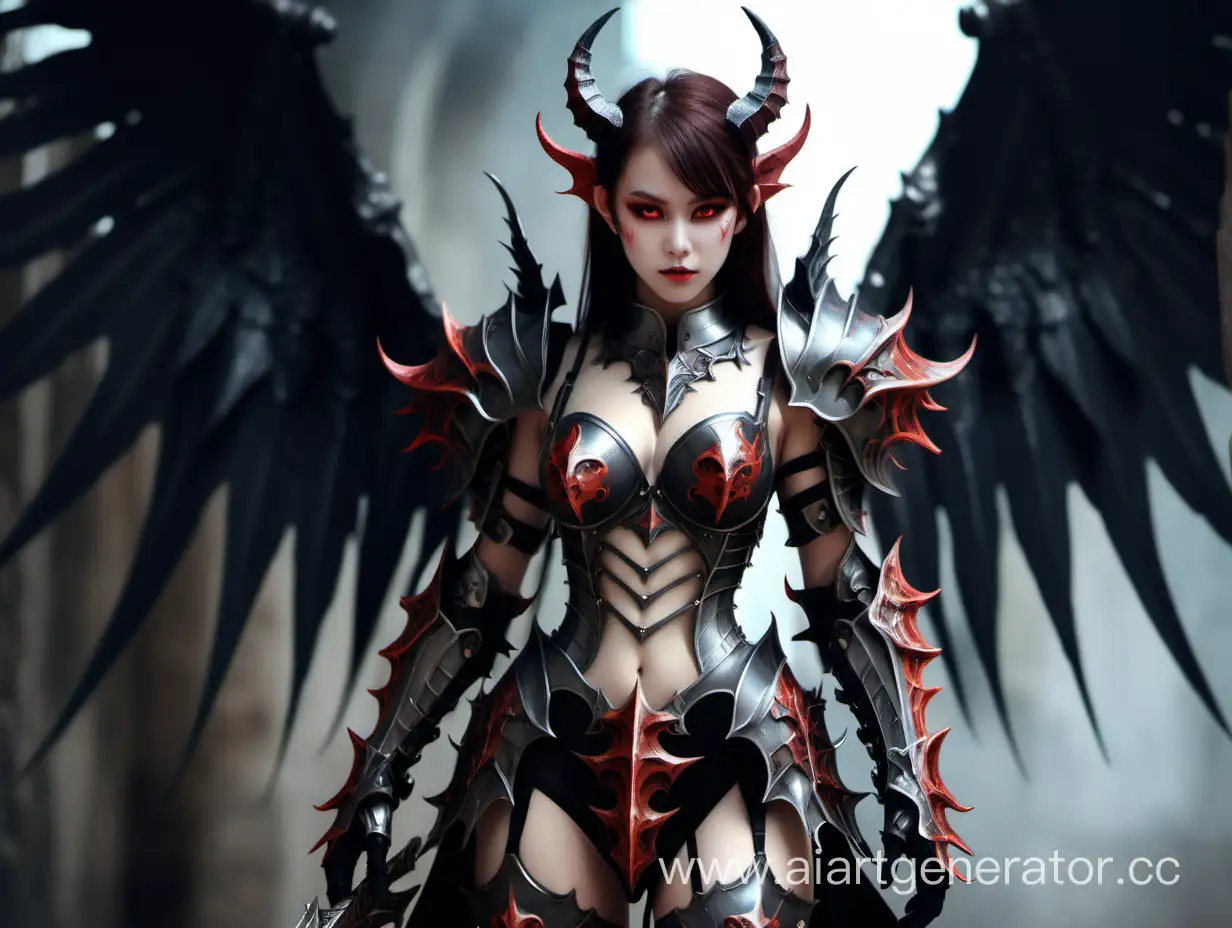Beautiful demon girl in full close armor with 2 wings
