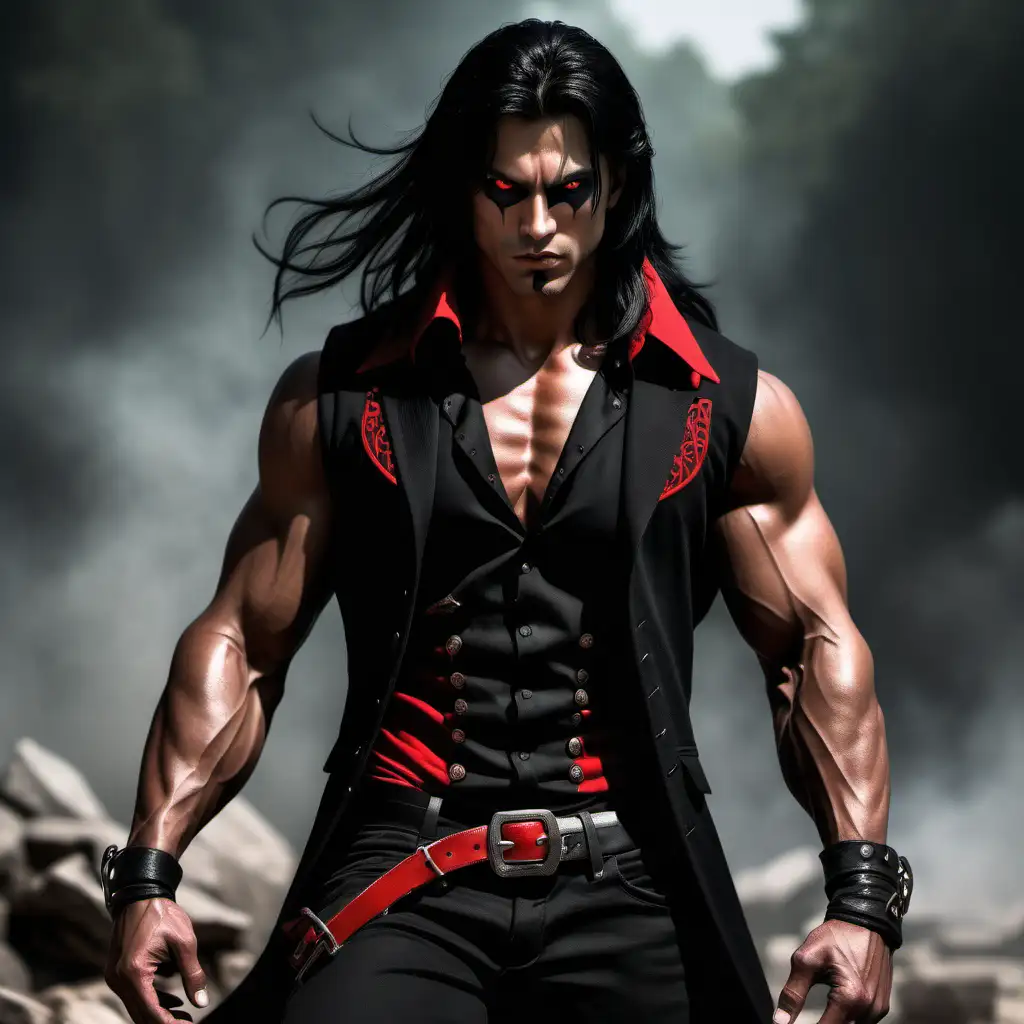 Slaver, handsome, fantasy male, tan skin, long black hair, muscular, black vest, black pants, red accents, black eyes, mean, cruel, rugged 
