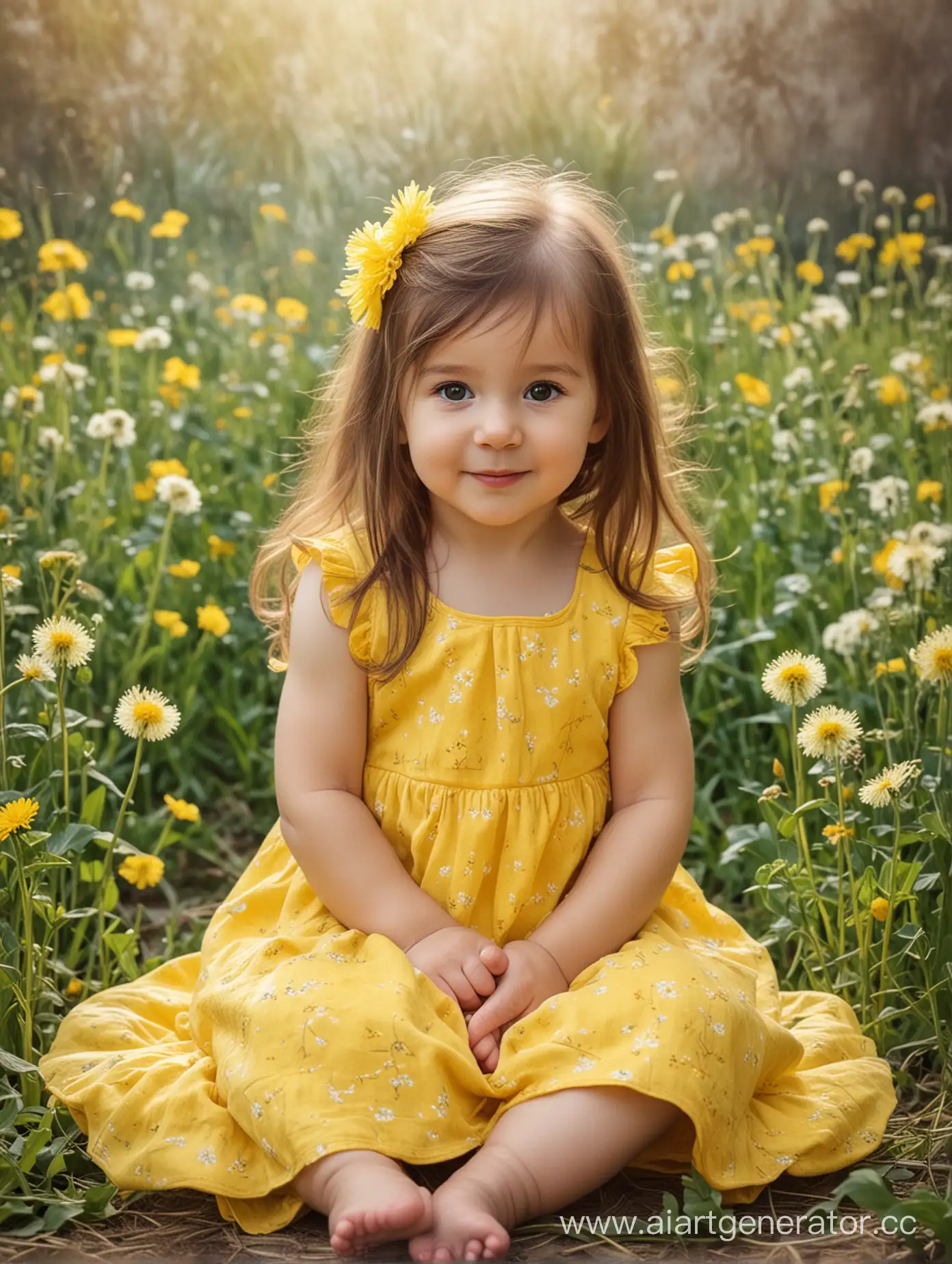 girl 1 year old brown long hair, yellow fluffy dress , sitting in dandelions nature highlights, background brushstrokes texture canvas