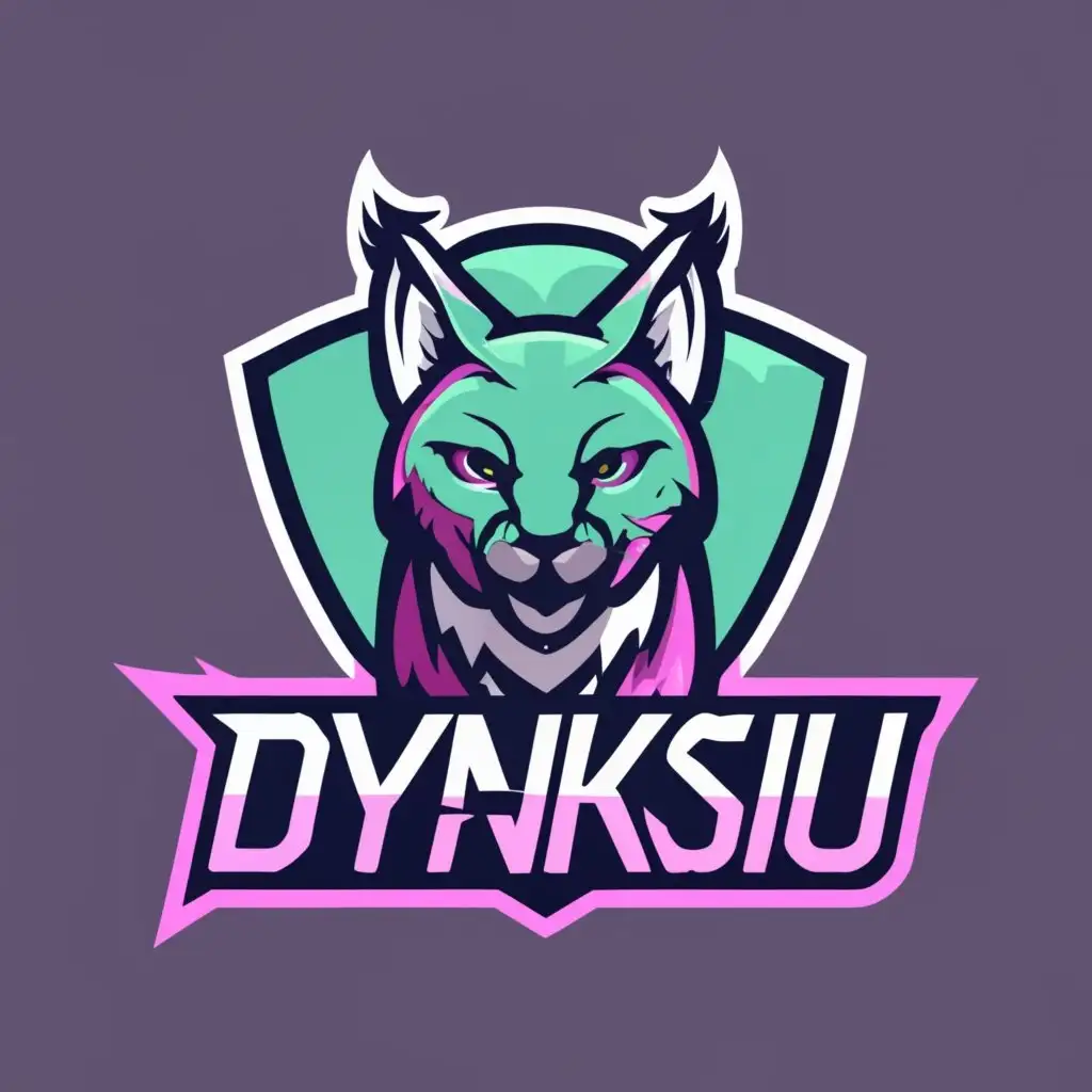 logo, Esport team logo, Use a Lynx as the logo, spell: DYNKSIU underneath the logo, make the color scheme deep turquoise and purple, with the text "Dynksiu", typography, be used in Entertainment industry, Make the Lynx look more aggressive/assertive.