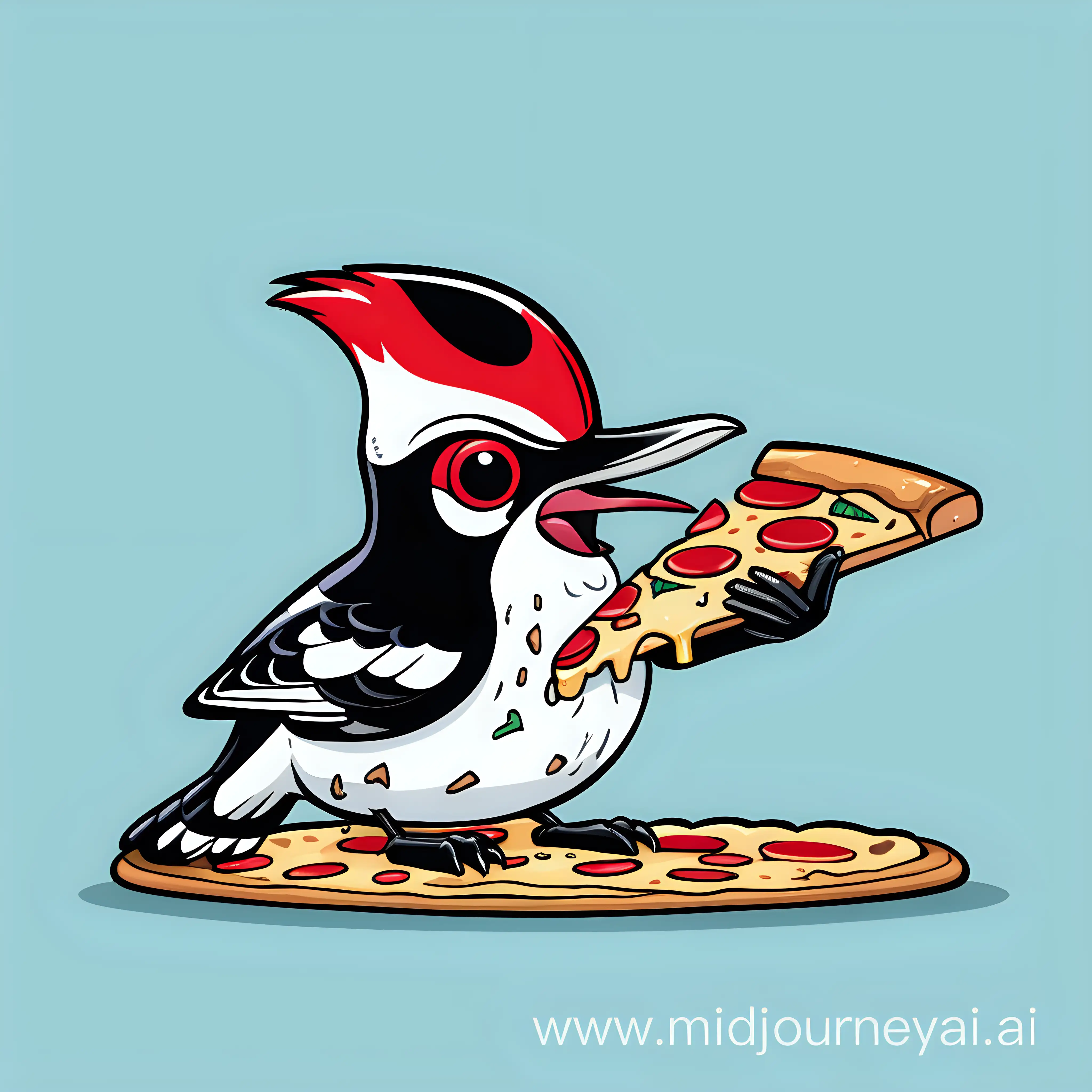 Cheerful Rednaped Sapsucker Enjoying Pizza Slice in Cartoon Illustration