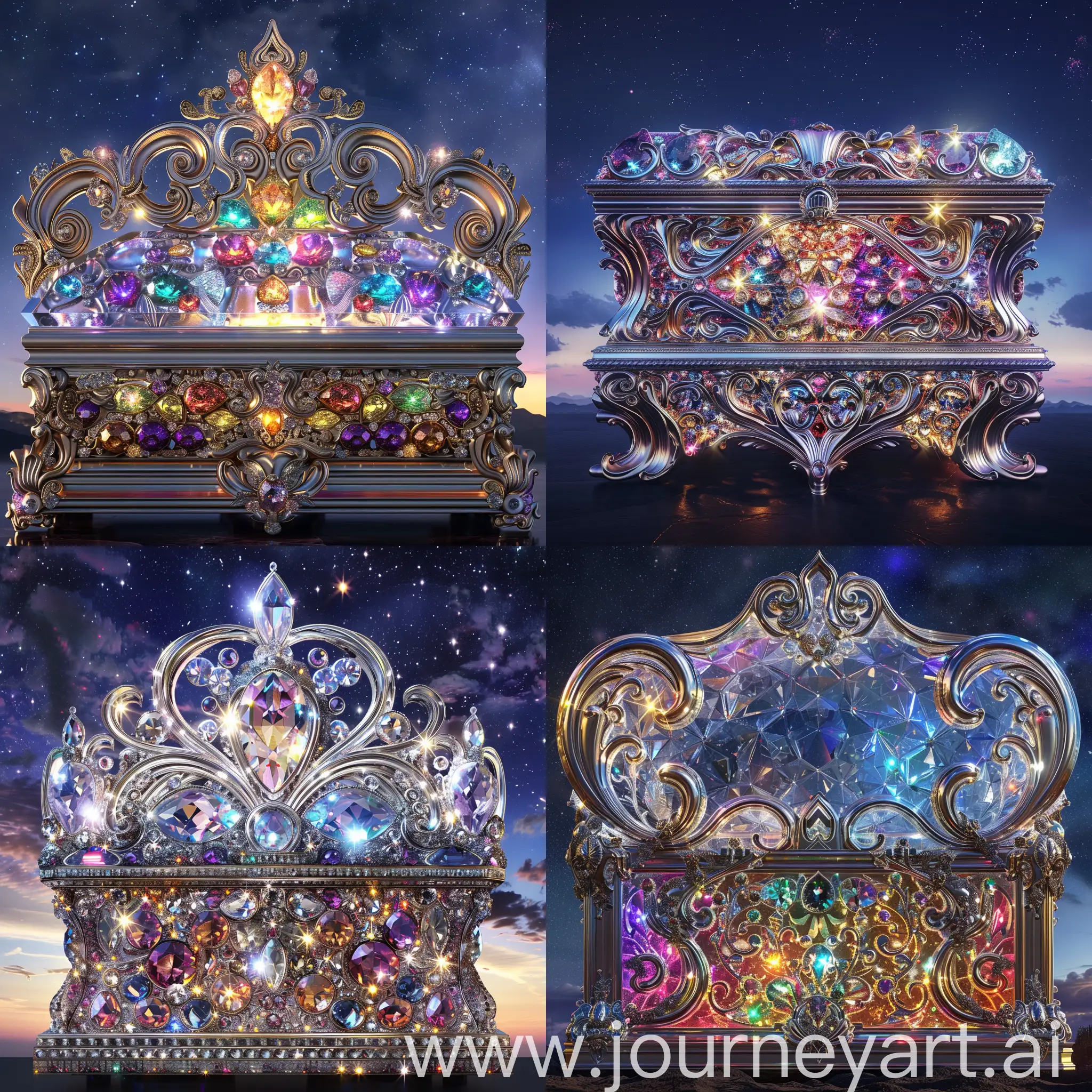 A large plan of a crystal casket decorated with multicolored precious stones!!!!! against the background of the night sky!!!!!!The front has a glossy intricate design, ornate and flowing, magical three-dimensional details, fantasy. intricate curls, beautiful ornate details, super-complex details, super-detailed metal products, exquisitely ornate, detailed and intricate image, curls, frontal light, octane number, medium sharpness, high detail