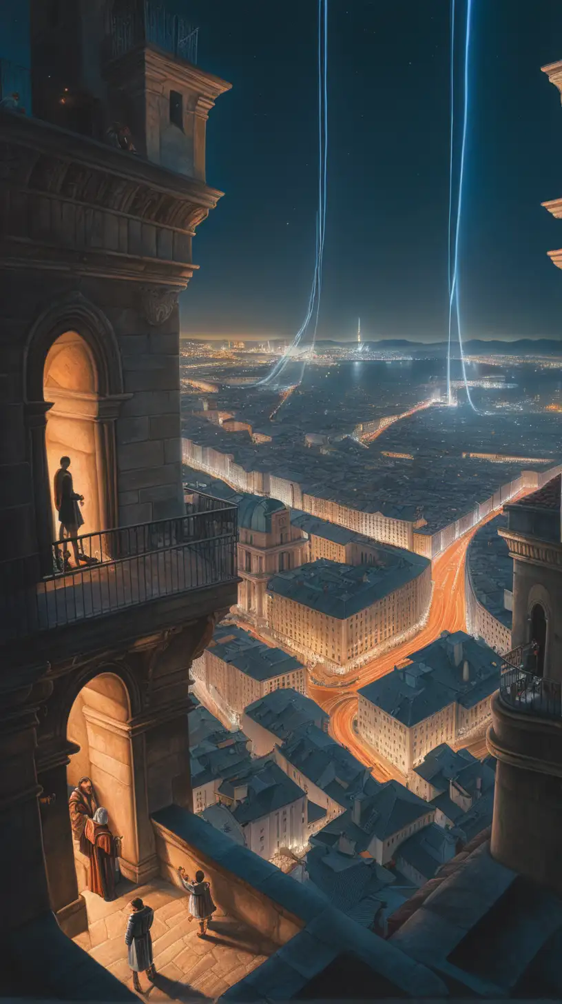  light painting, art by annibale carracci, scroll painting, Sci-Fi, dream world, dark fantasy, by atey ghailan, party in a tower looking out to the city, crowd, futuristic nature, 