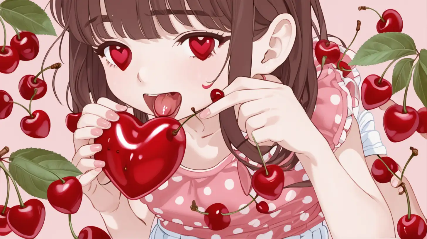a girl eating heart shaped cherries wearing a mini skirt
