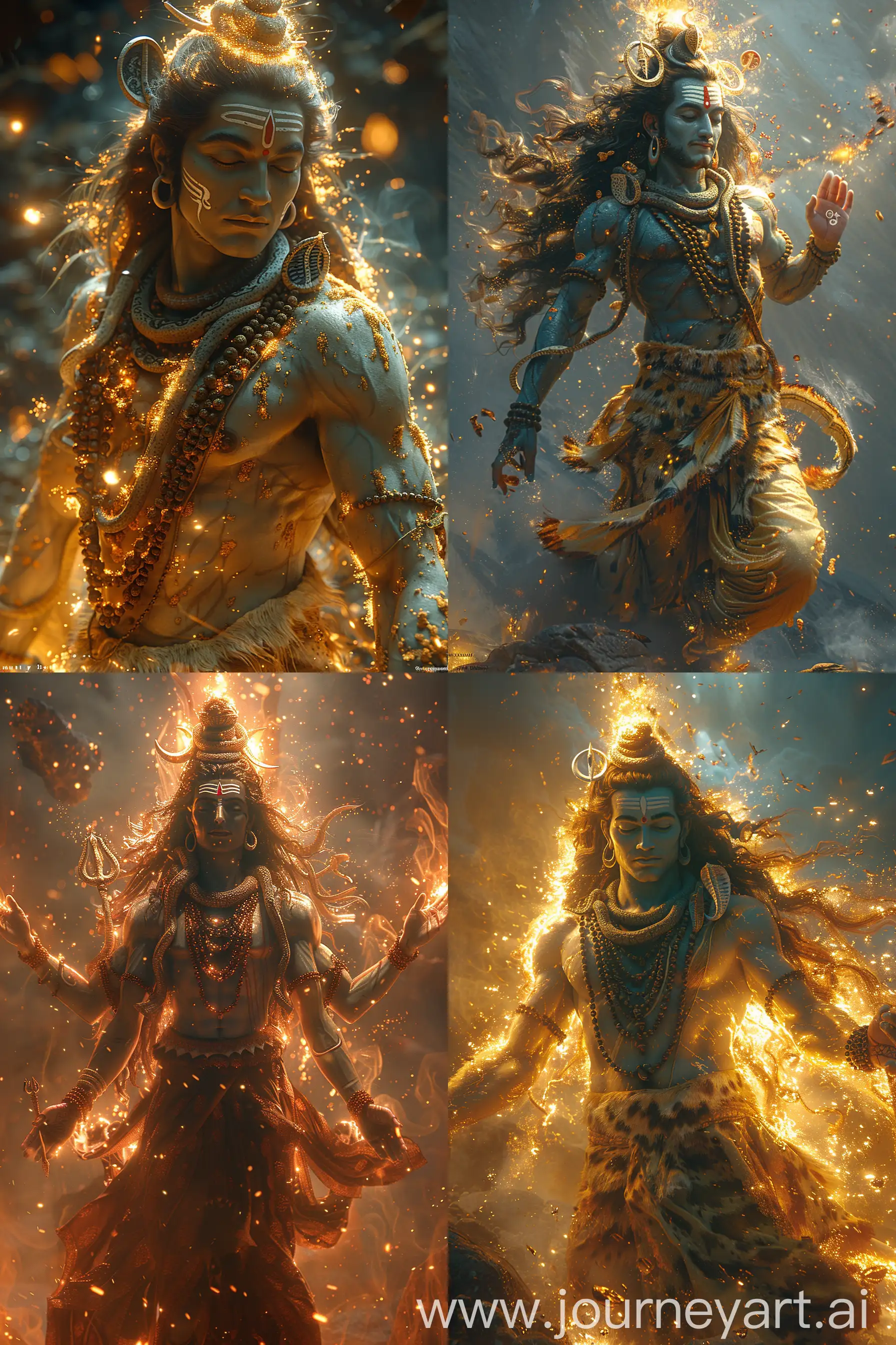 Award-winning cinematic portrayal of Lord Shiva, high fantasy style, ornate details and sacred symbols, backlighting with mystical Himalayan ambiance, cosmic dance of destruction and creation motif, Shiva as Nataraja with damru, trishula, vivid contrasts and ethereal glow, masterpiece visual artistry --ar 2:3 --s 700 --v 6
