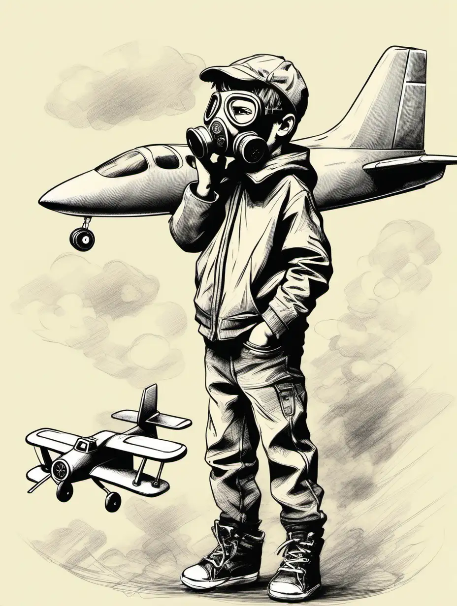 Child Pilot with Gas Mask Flying Remote Control Plane Sketch