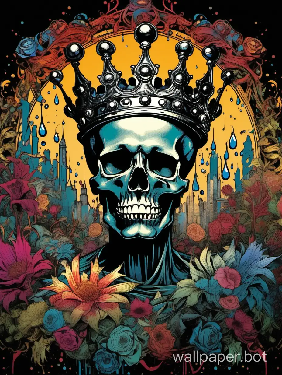 blind black skull wearing a drippin colorful crown, ornamental, avant gard, explosive painting, alphonse mucha, william morris, hipercolored, highcontrast, hiperdetailed poster, dark, high contrast,