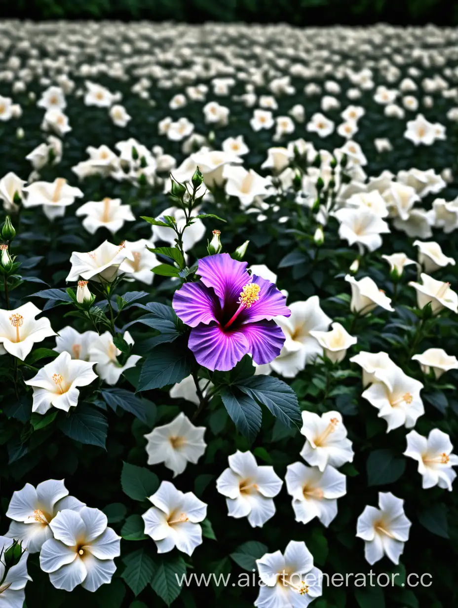 Solitary-Purple-Hibiscus-Amidst-White-Roses-in-Clearing