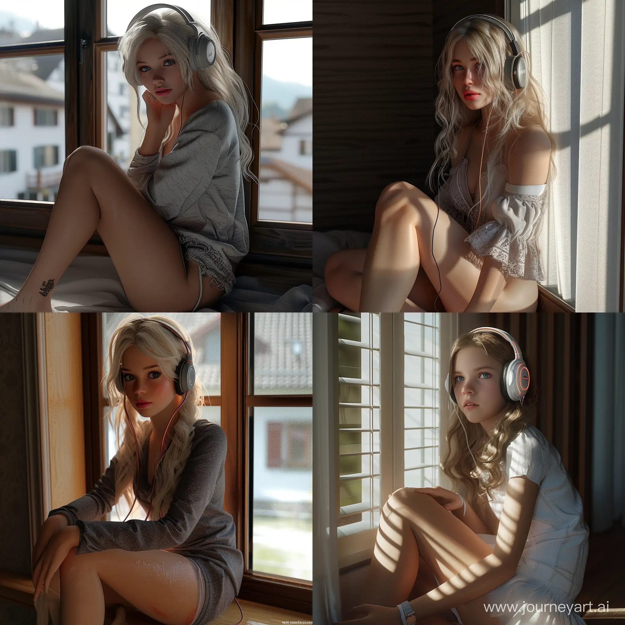 Gorgeous young Swiss girl   sitting by the window with headphones, soft lips, beach blonde hair, octane render, unreal engine, photography, realistic skin texture, photorealistic, hyperrealism, high detail, 85mm portrait photography, award winning, hard rim lighting  Photography-beta