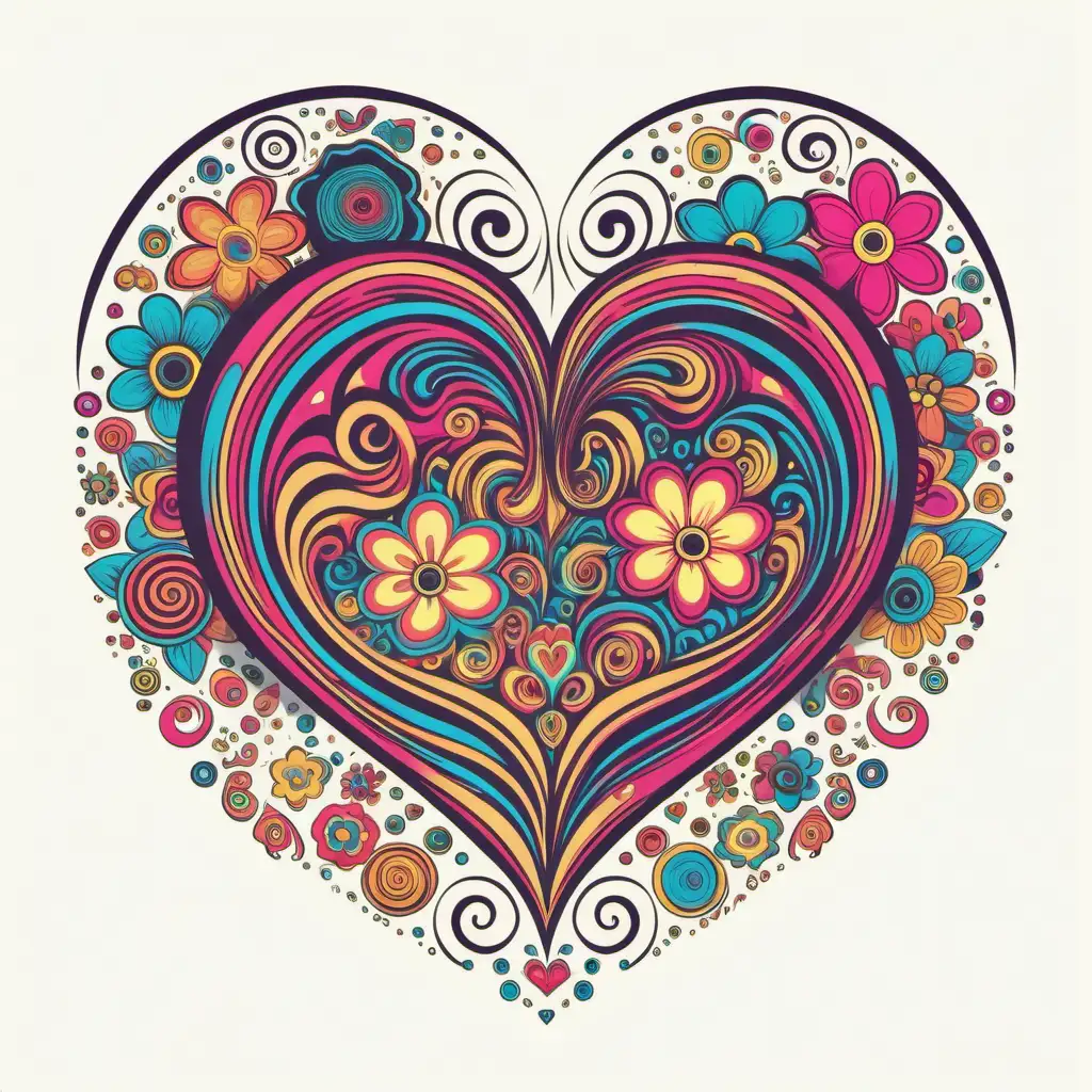 Psychedelic RetroStyle Heart and Flower Illustration