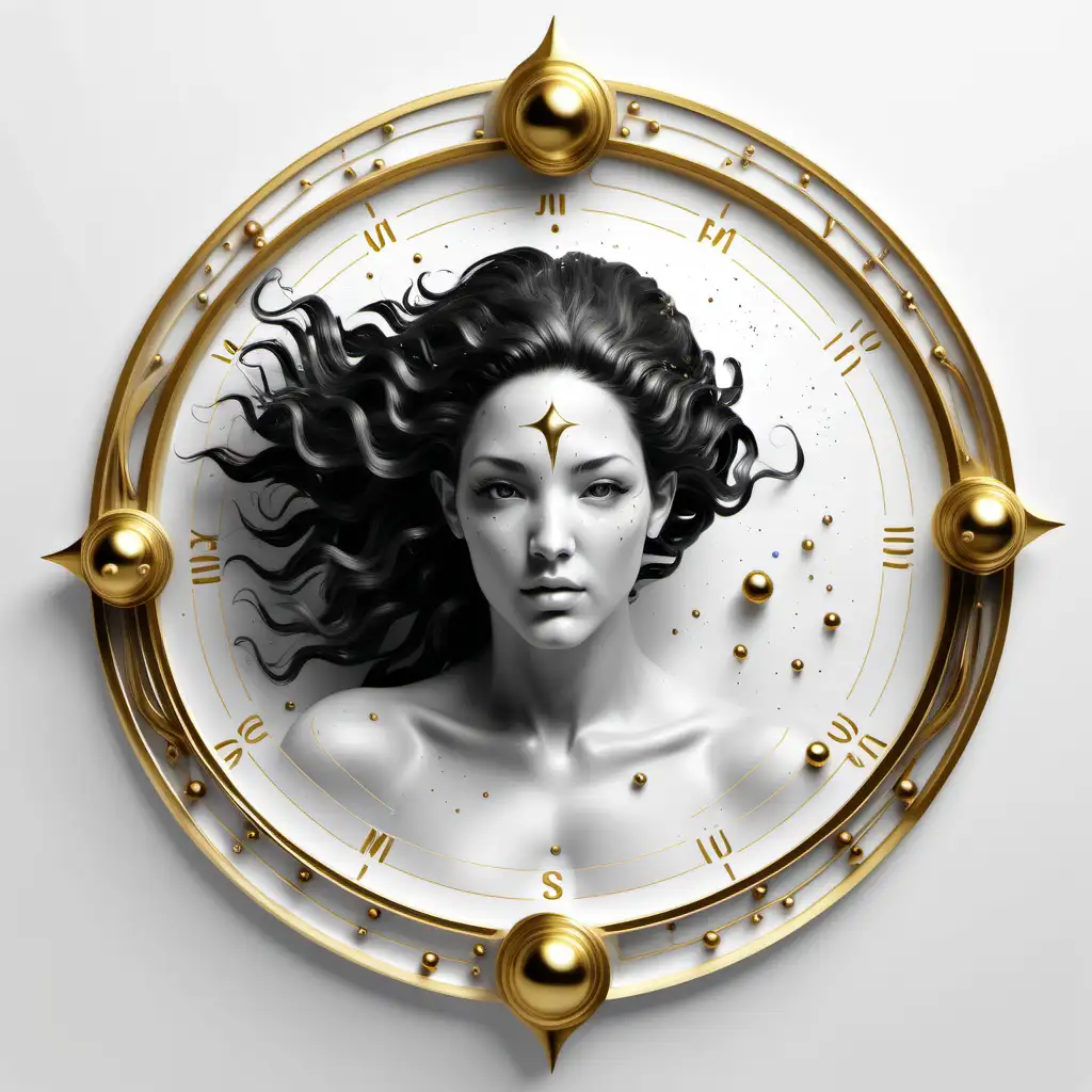 featuring a realistic [aquarius zodiak] 
[black and white and gold]
white empty background