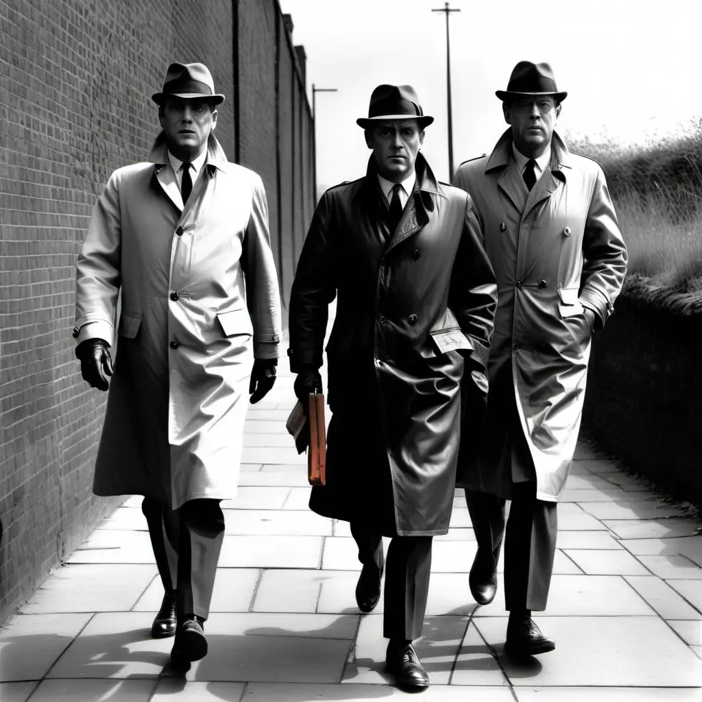 three 1960's British spy agents in coats walking down English ally way 