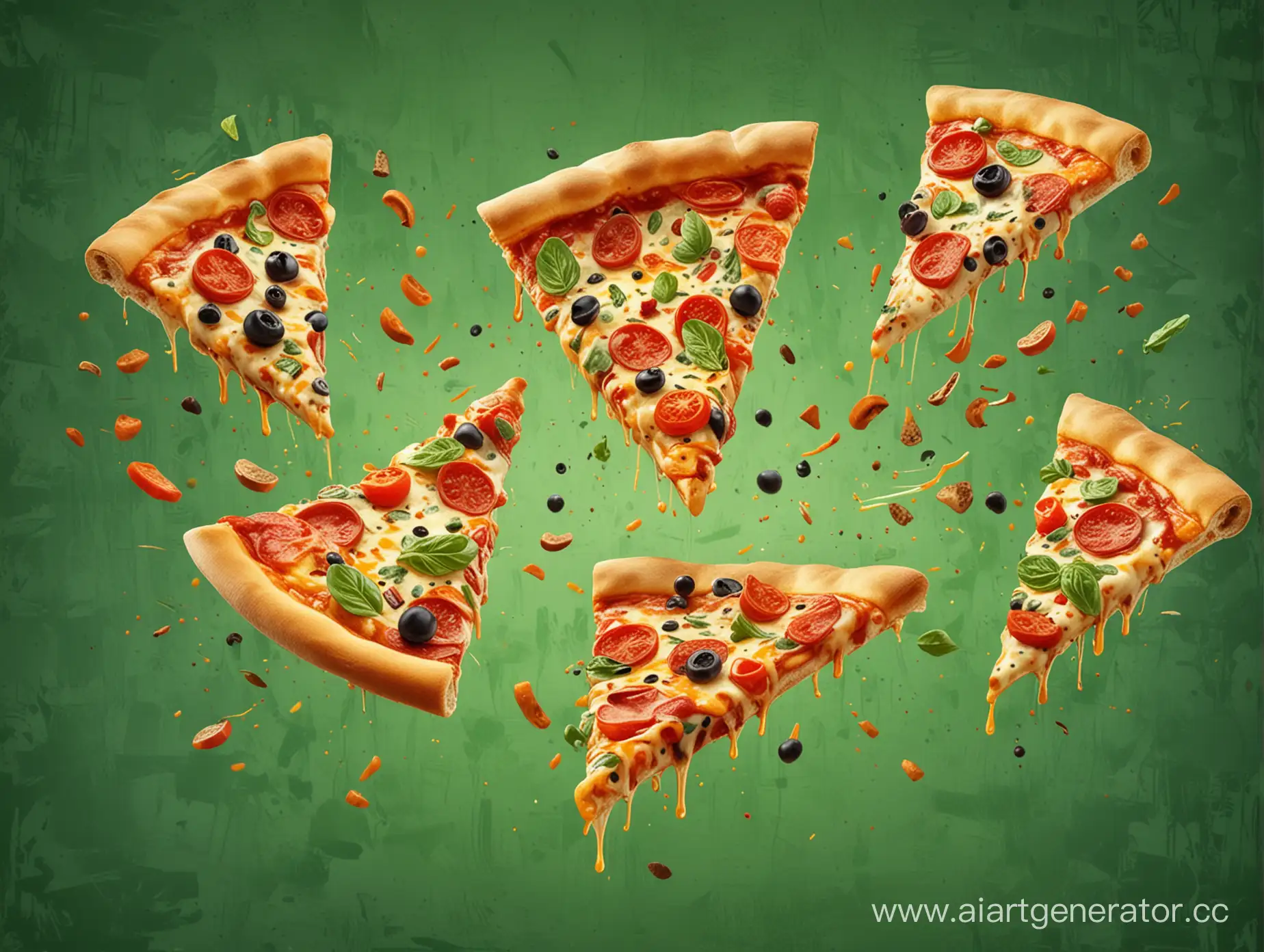 нарисуй сочные кусочки пиццы летающие в воздухе  в стиле граффити на зеленом фоне