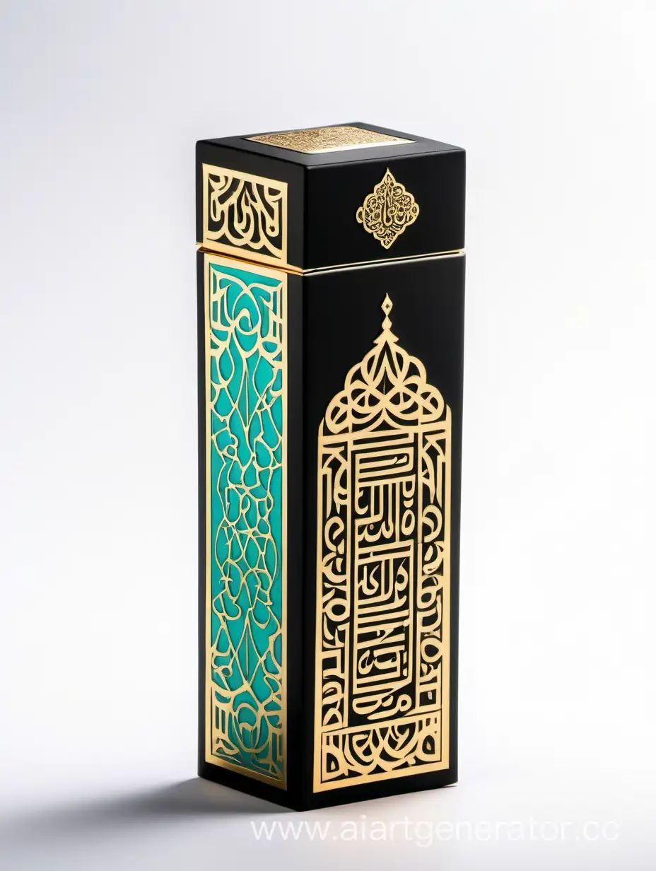 Dark dark matt black and gold Turquoise  luxury perfume rectangle vertical box 75% lines with arabesque pattern Arabic Calligraphy on white background