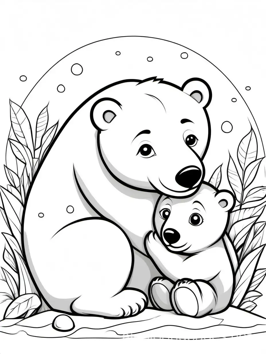 cute   Polar Bear Cub  with his baby for kids  easy to coloring, Coloring Page, black and white, line art, white background, Simplicity, Ample White Space. The background of the coloring page is plain white to make it easy for young children to color within the lines. The outlines of all the subjects are easy to distinguish, making it simple for kids to color without too much difficulty