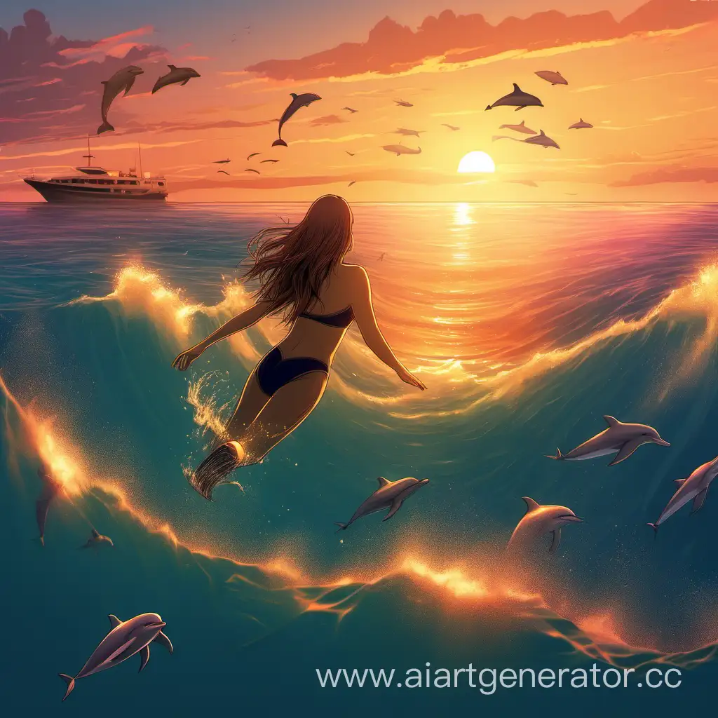 Девушка плывет в океане на закате с дельфинами