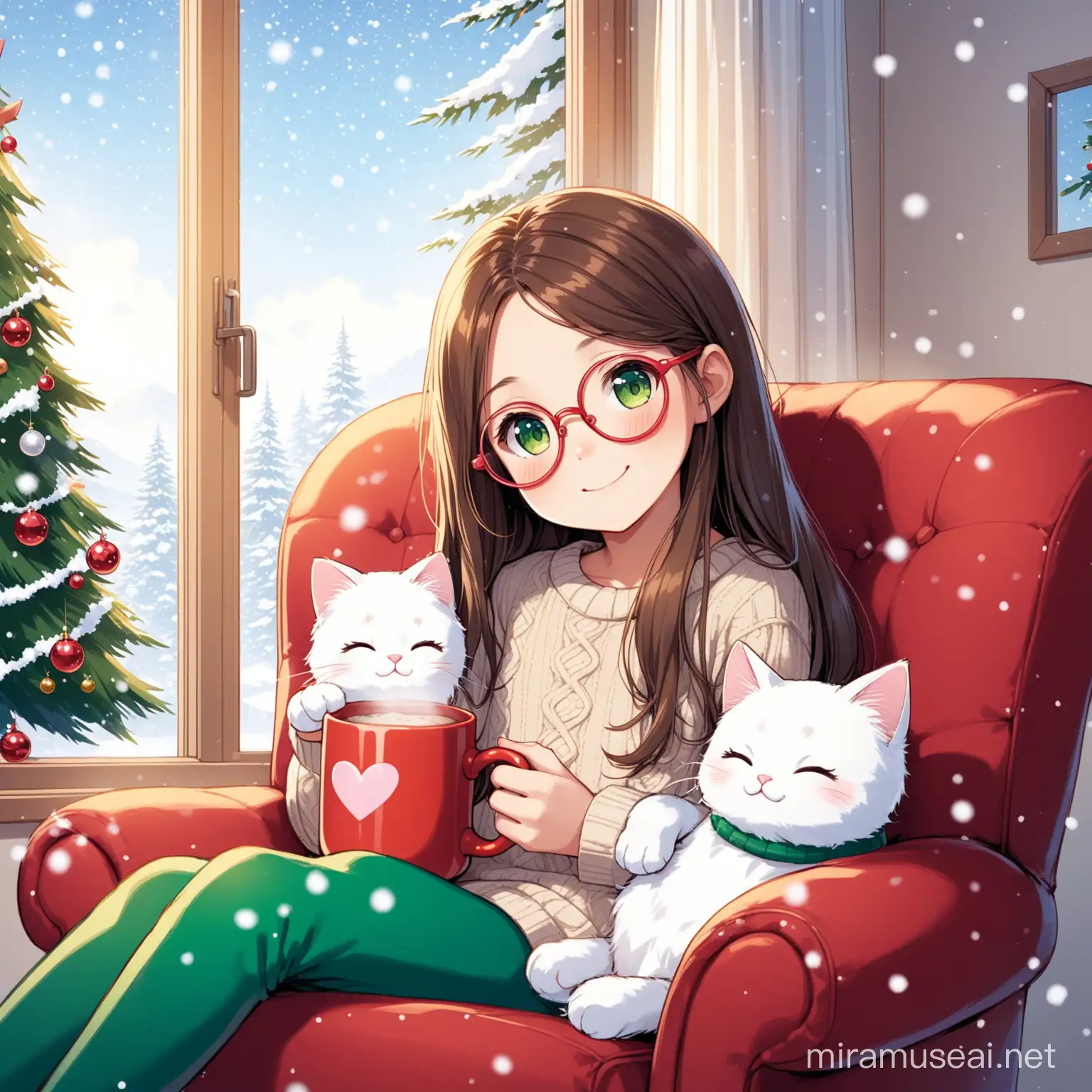 11 year old girl, long brown hair down, sitting next to a window, snowing outside, sitting in a patchwork arm chair, green eyes, blue round glasses,        wearing a beige jumper with a white heart in the front, a ragdoll cat sleeping on her lap, a mug of hot chocolate  with pink and white marshmallows floating on top on the arm chair, a red book with the words Christmas holidays on the front on the arm chair, white wall, smiling, looking out the window,