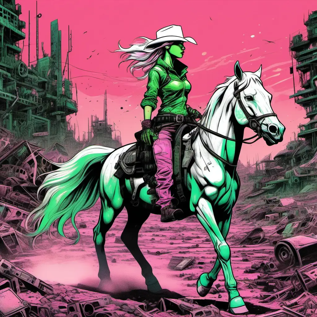 A female cowboy riding a white horse in a post-apocalyptic wasteland, merging elements of retro futuristic , anachronism with a color scheme dominated by black and green . Pink details.