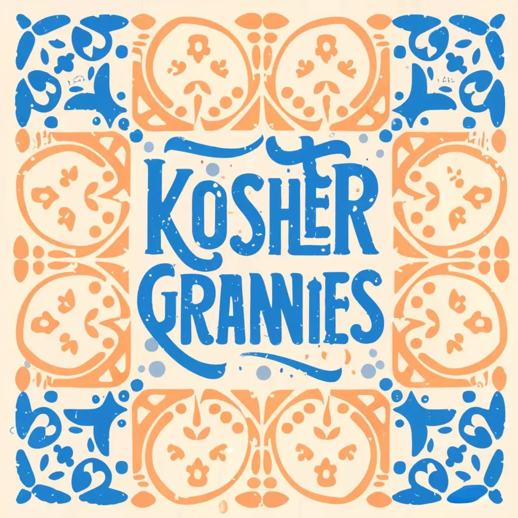 logo, Tile and Jewish, only blue yellow white, with the text "Kosher Grannies", typography