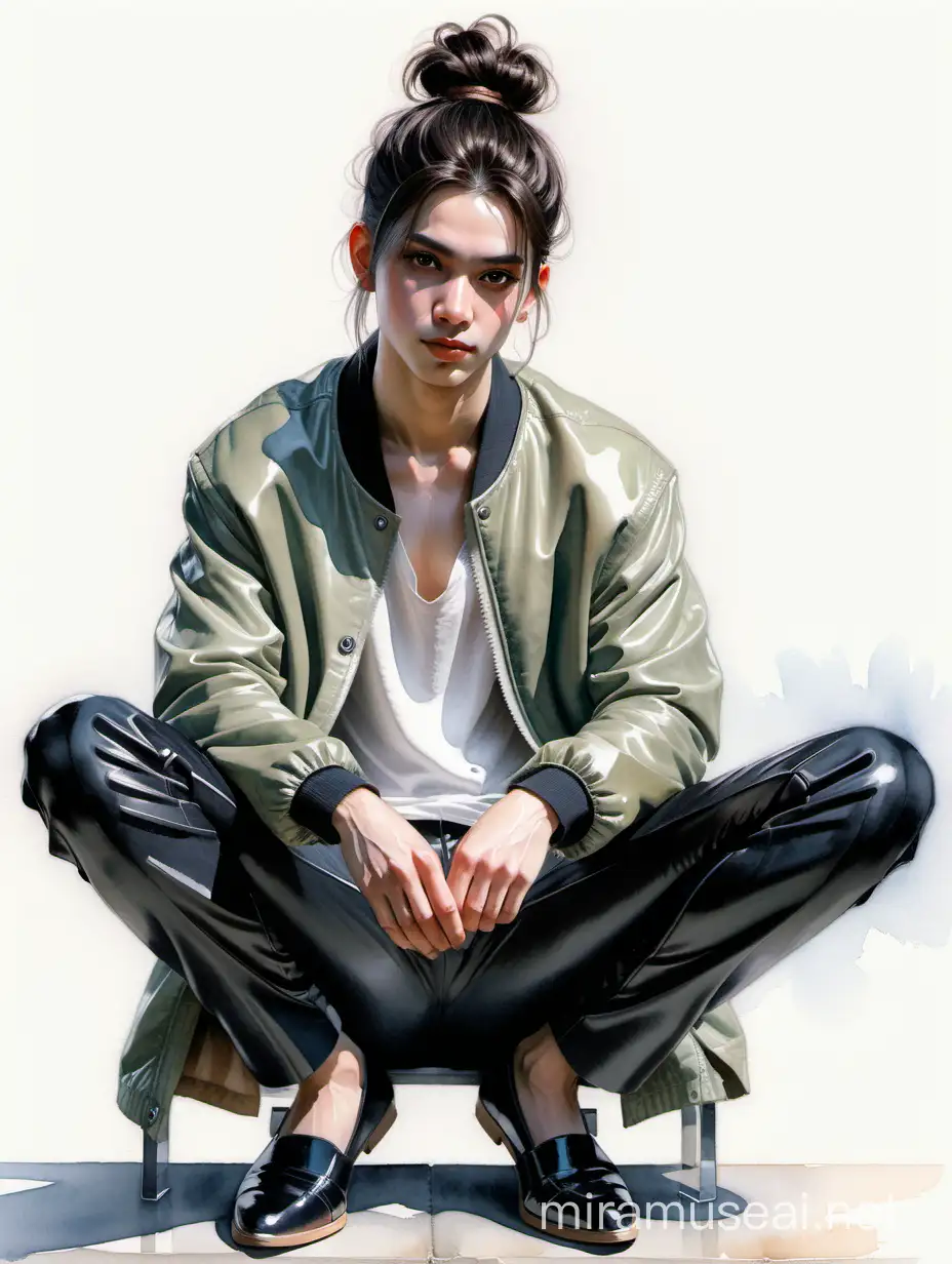 Alex Maleev watercolor art of pale smirking pretty boy nezha with double side bun hair wearing loose jacket and tight shiny leather pants and flat leather pumps sitting, big black eyes, no distortion, insanely high quality, insanely high detail, gray palette, seen from below