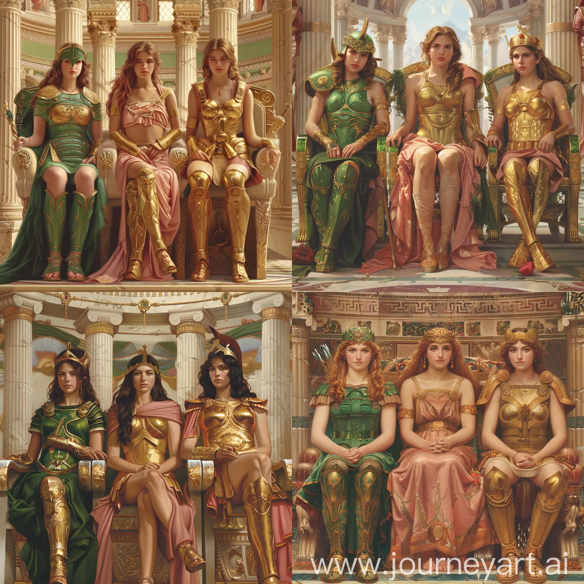 Three young Greek goddesses are sitting on their imperial thrones.

The left one is Artemis in green armor.
The middle one is Aphrodite in rose clothes.
The right one is Athena in golden armor.

They are all inside a splendid greek temple.