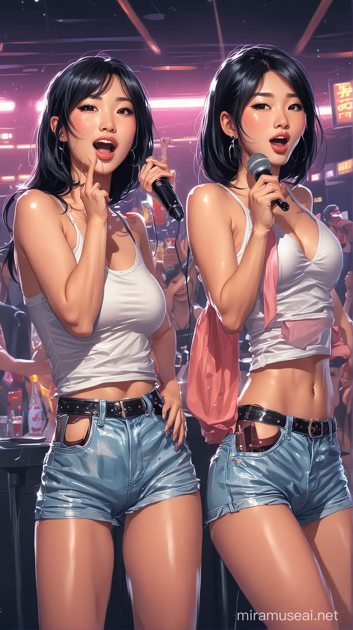 2 sexy asian girls singing a karaoke in a night club, comic illustration
