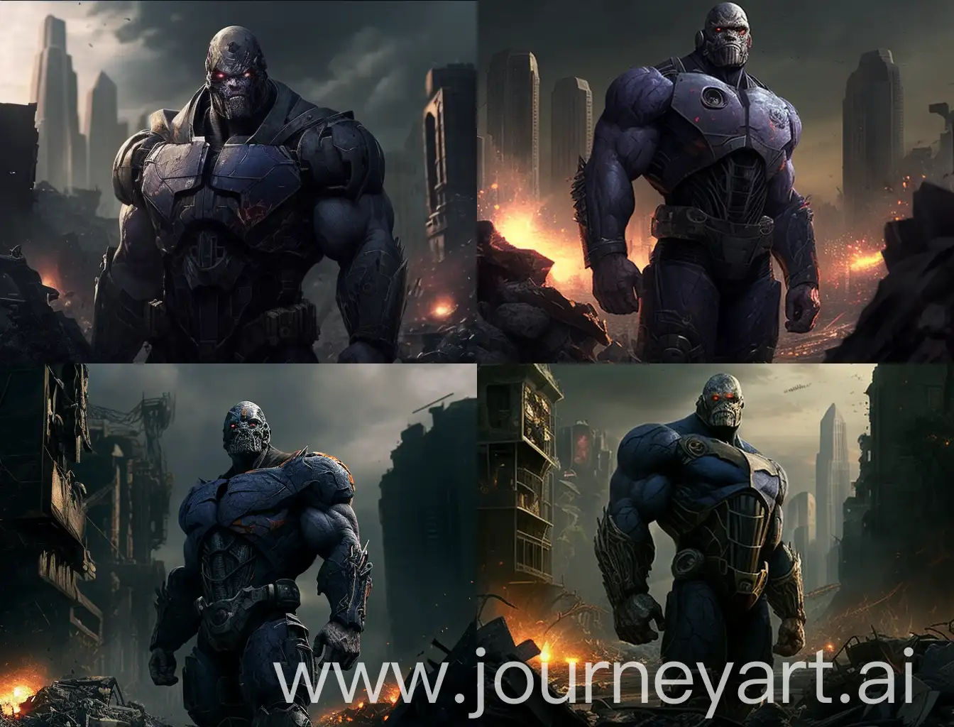 Darkseid is standing full length in front of the camera and there are ruined cities around him and the environment is dark,real