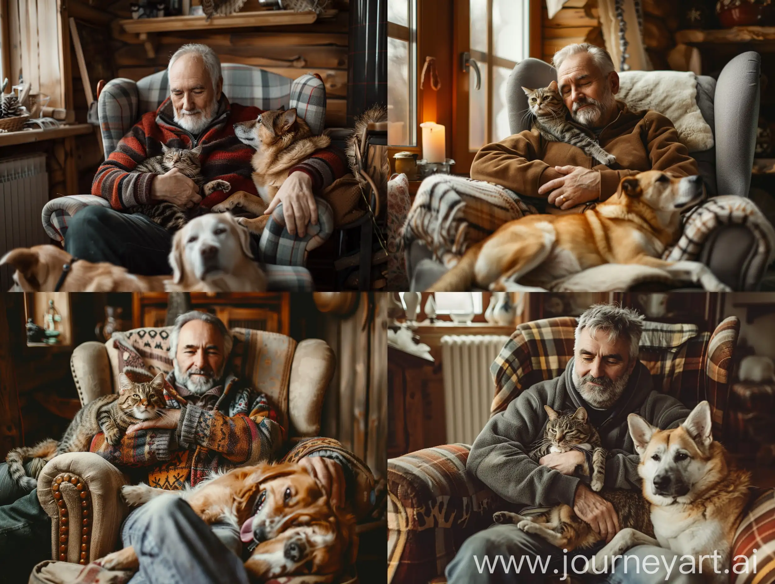 Un hombre de mediana edad, sentado en un sillón, abrazando a un gato, un perro tumbado a sus pies, ambiente cálido y acogedor