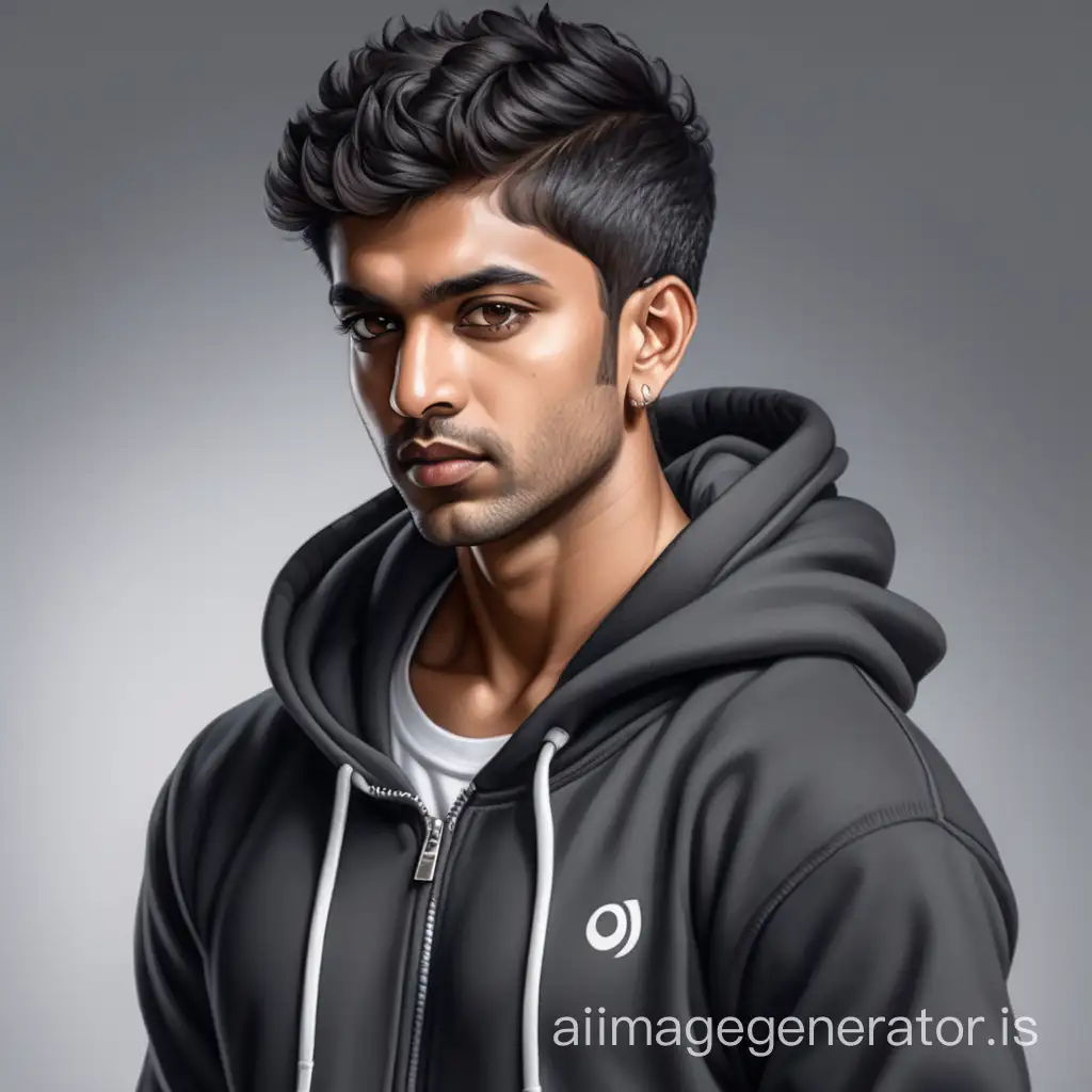 Stunning Indian man, curling short hair, black hoodie, grey trackpants, white sneakers, looking to the side, photo realistic, high detailed