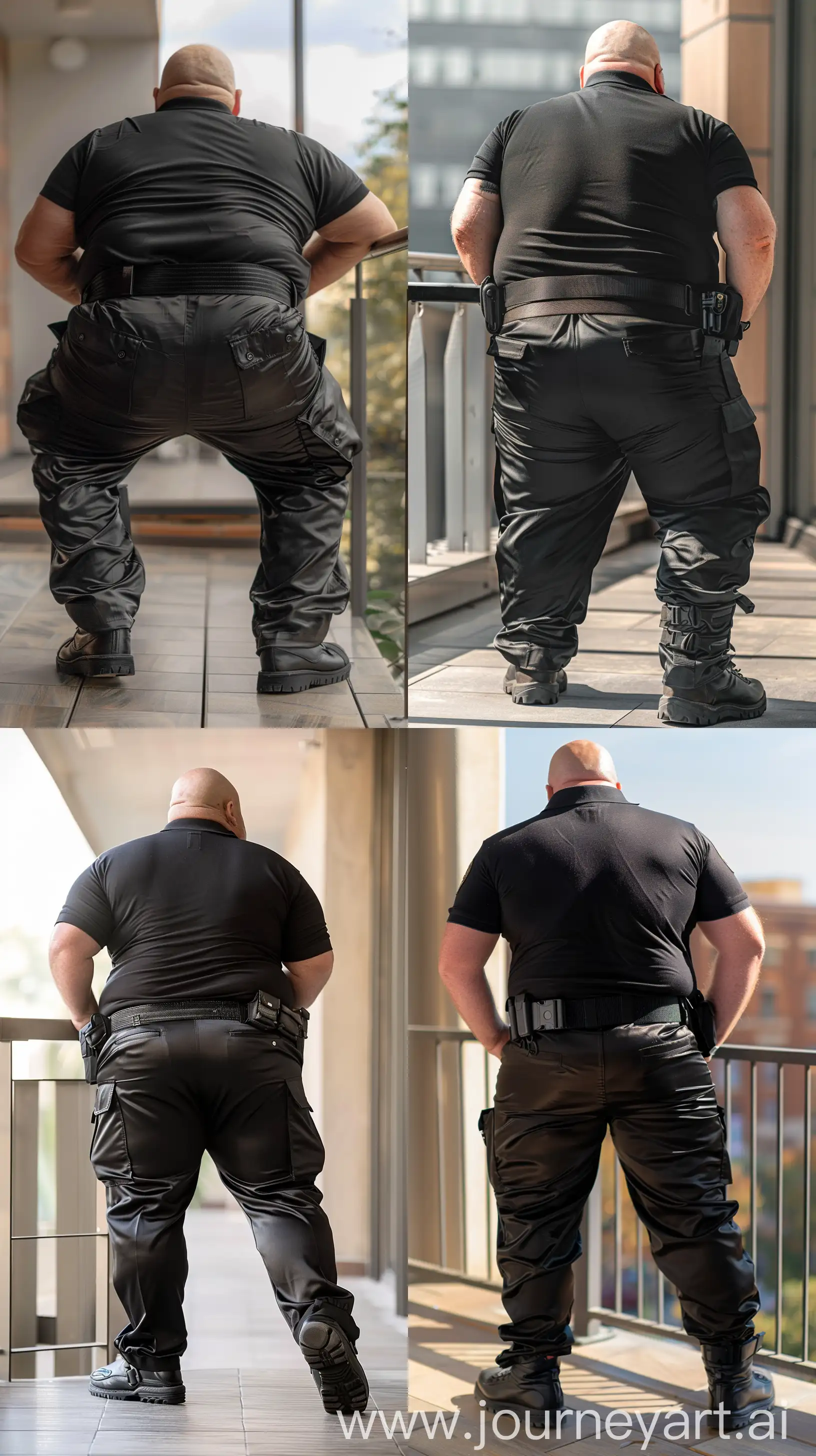 Back view photo of a fat man aged 70 wearing tight silk black security guard battle pants and a tucked in silk black polo shirt. Heavy black tactical duty belt and boots. Leaning forward on a balcony. Bald. Clean Shaven. Natural light. --style raw --ar 9:16