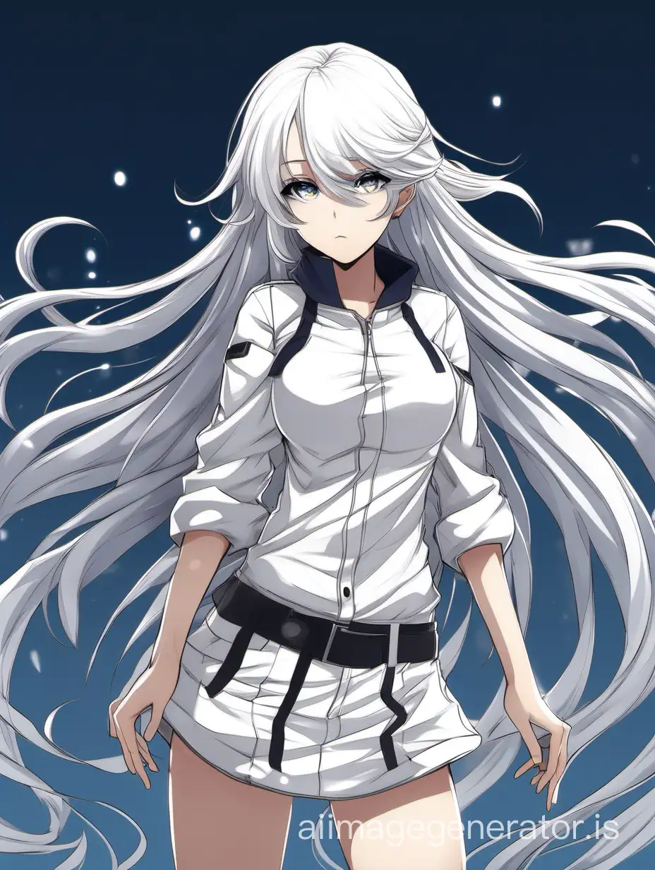 girl, element of air, light white hair color, long hair, looking into the lens, anime style, cartoonish, full height visible, chest, standing waist-deep