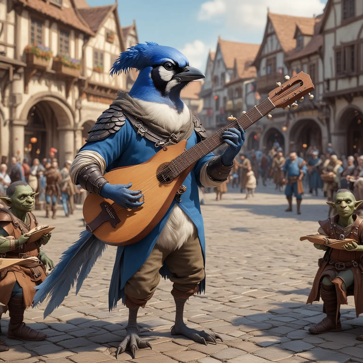 humanoid blue jay playing a lute in a town square, orc elf human dwarf crowd