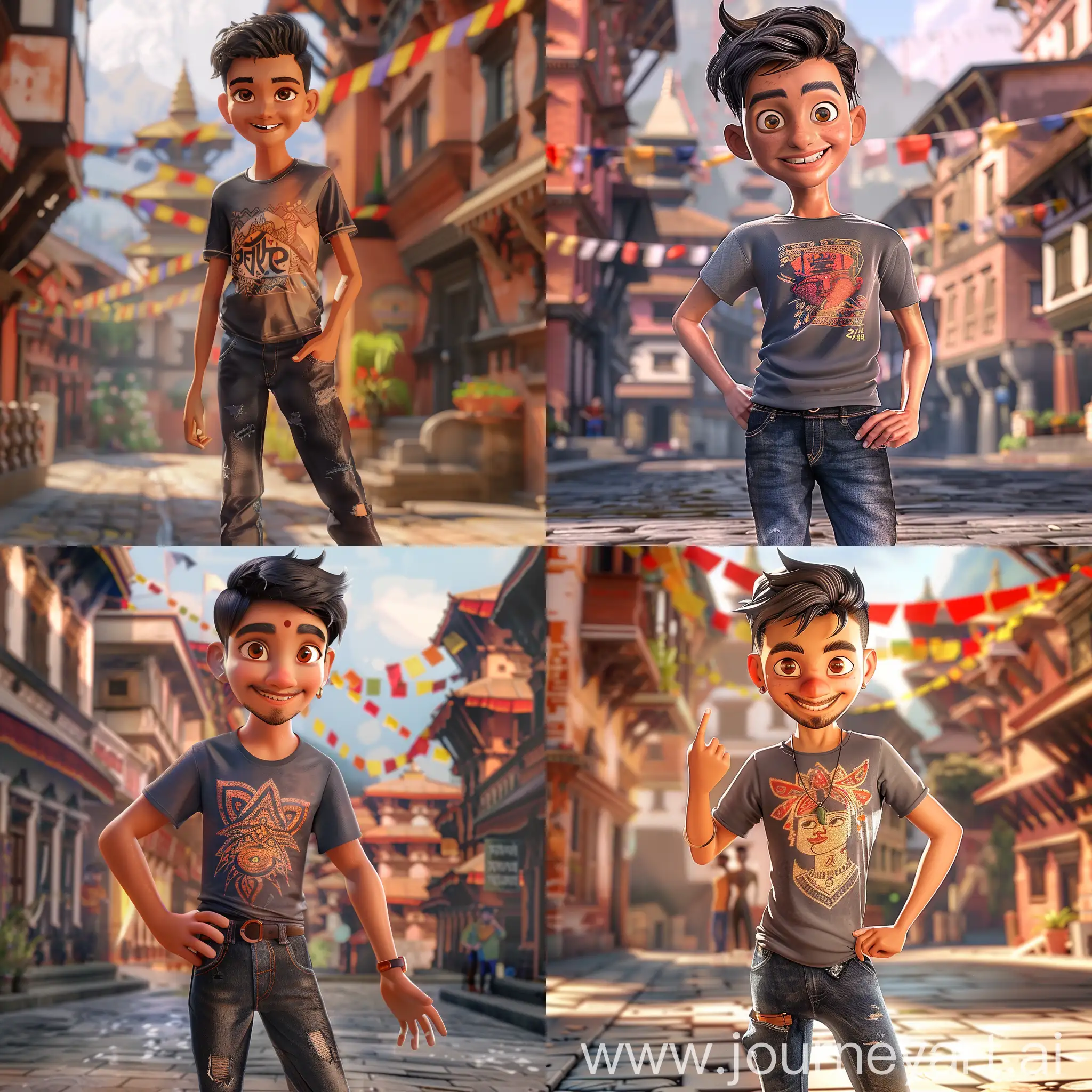A highly-detailed, realistic image of a Nepali Gorkhali boy, aged 24, with a height of 5 feet 10 inches. The boy is an influencer promoting T-shirts and pants. He has short black hair, a well-groomed beard, and captivating brown eyes. The boy is standing confidently on a picturesque street in Kathmandu, with traditional Nepali architecture and vibrant prayer flags visible in the background. He's wearing a stylish, fitted T-shirt featuring a unique Nepali-inspired design and comfortable, dark-washed denim pants that highlight his tall and slender physique. His smile is genuine and inviting as he strikes a casual yet fashionable pose, with one hand in his pocket and the other gesturing towards his outfit. The lighting is warm and natural, casting soft shadows and accentuating the boy's features and clothing details. The overall image has a modern and trendy aesthetic with a touch of Nepali charm.