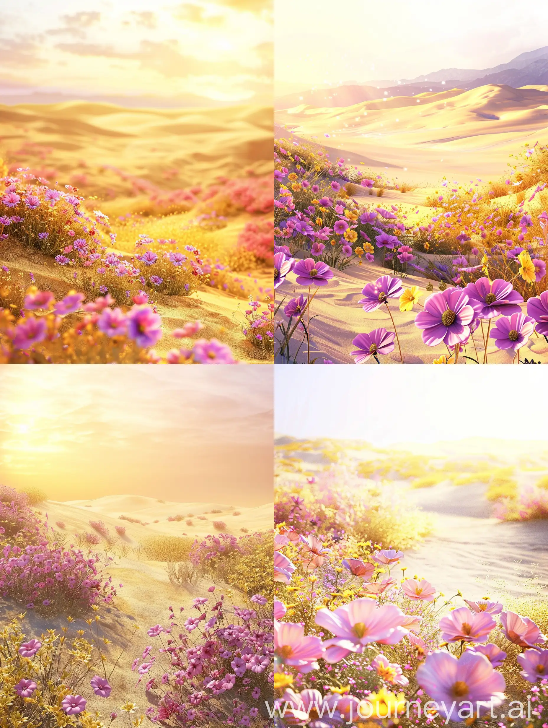 Soft desert full of flowers in pink purple and yellow, shining, light yellow sunshine. very realistic, very natural, Ultra-high detail --ar 3:4 --s 100 --style raw --v 6