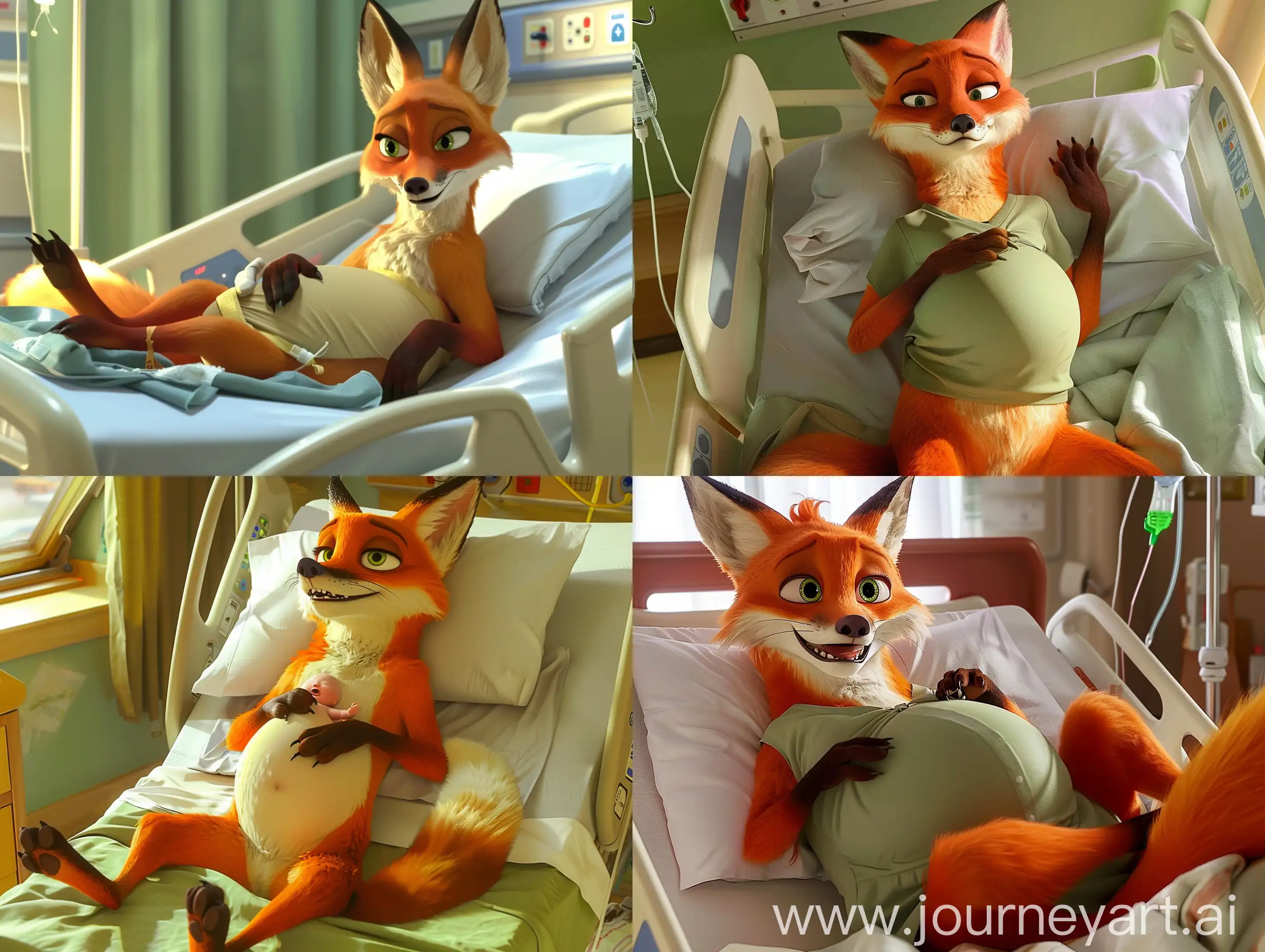pregnant fox woman character from a pixar animated film, laying in a hospital bed, in labor