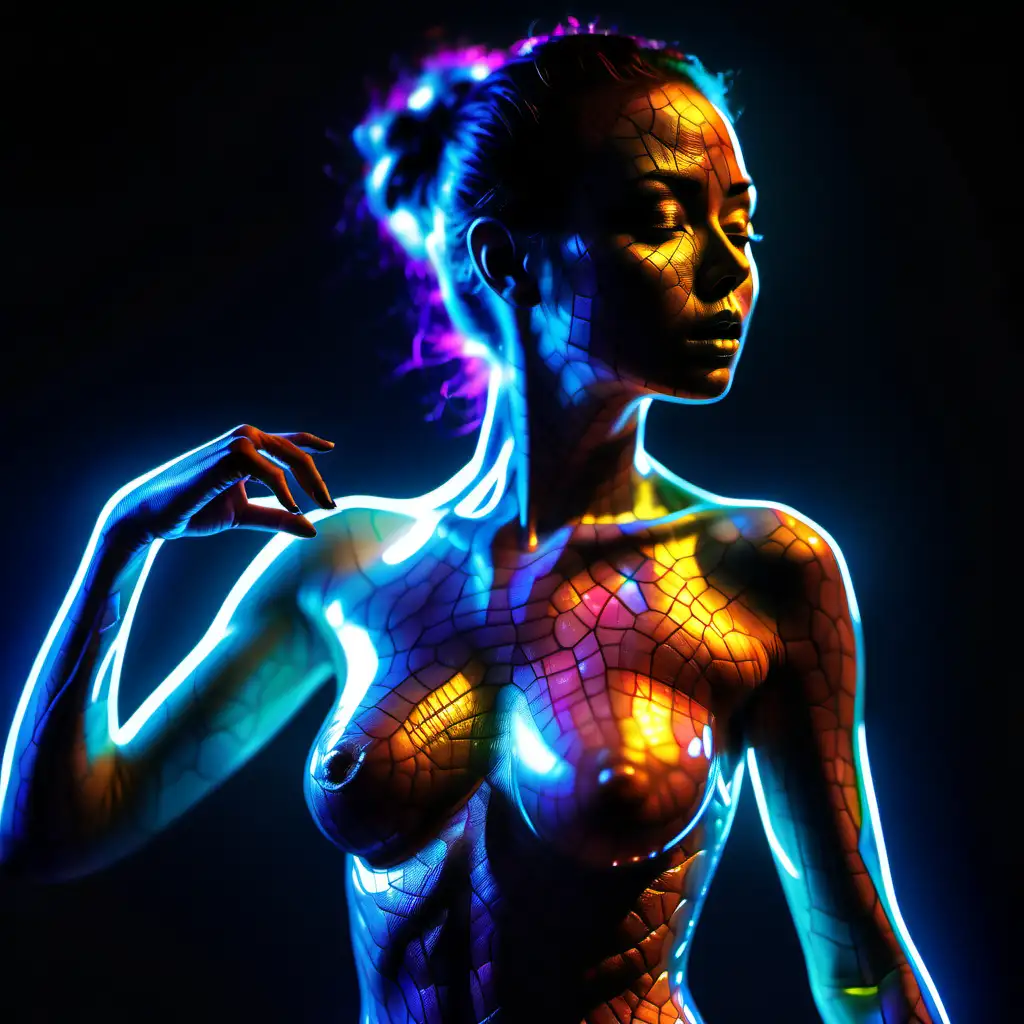 <lora:DetailedEyes_V3:1> high quality, 8K Ultra HD, highly detailed, masterpiece, super realistic, masterpiece of the silhouette of a woman, phantasmagorical figure, (((translucent skin:1.5))), (((translucent body:1.5))), art, neon lights, light particles, colorful, cmyk colors, backlit, enhance beauty, (((sensual))), full body, extremely hyper detailed, cinematic 8k, model photography