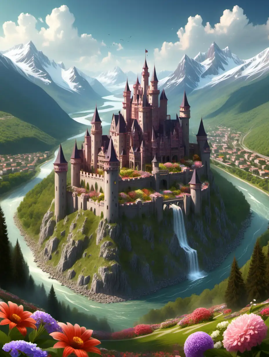 huge castle in a valley surrounded by mountains, flowers, neighborhoods, forest and a river
