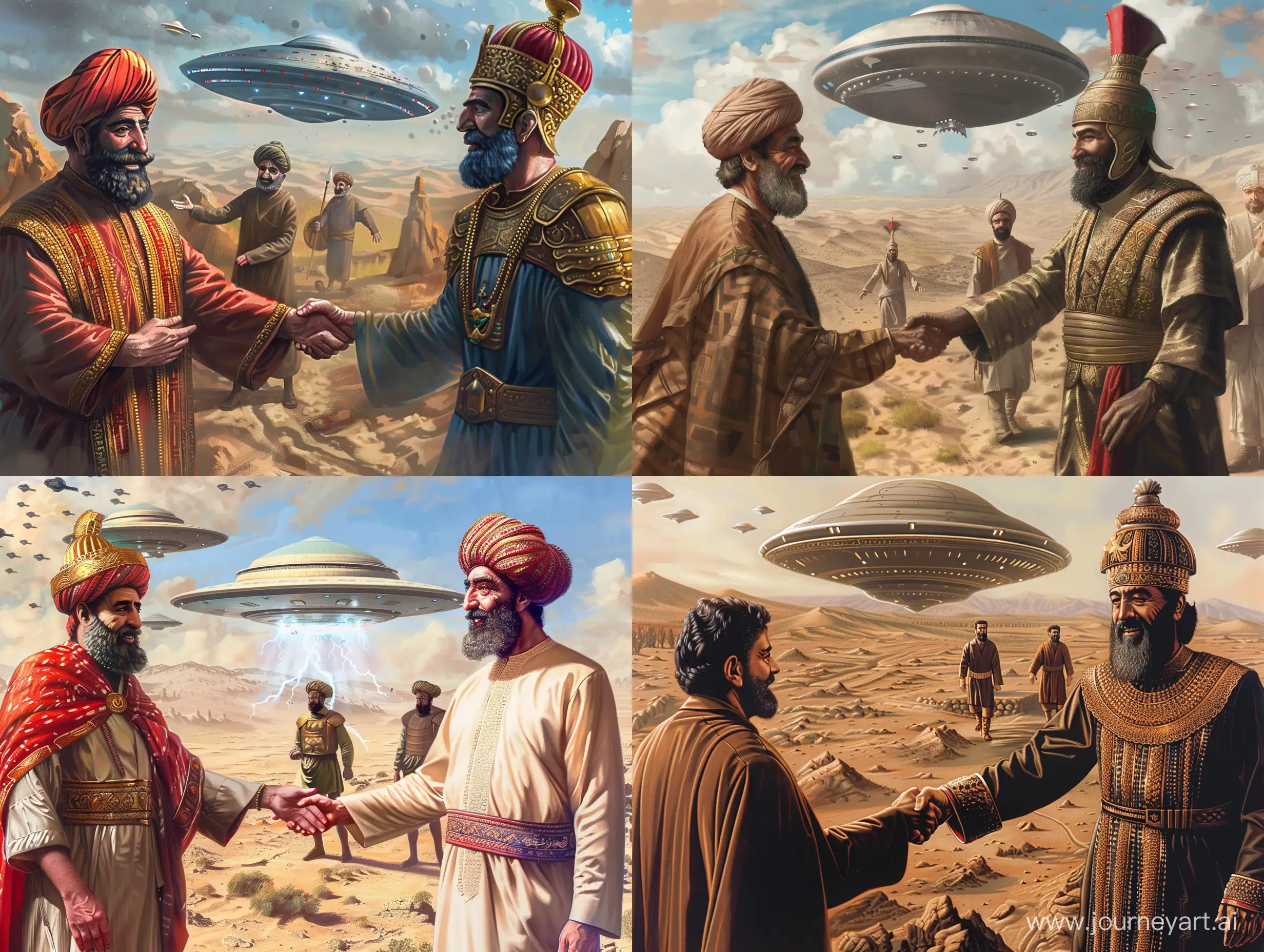 cyrus the great achaemenid empire is shaking Nader Shah Afshar hands and both are smiling, in a desert,lofi,ufos are in  background is trying to flying to space,an achaemenid  immortal soldier is standing further than them and look at them,--q2,--ar7:4