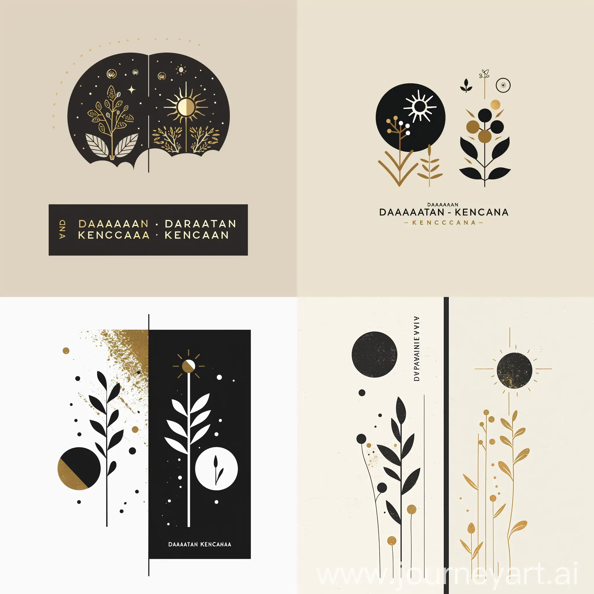 Please create a logo for a fertiliser brand called "Daratan Kencana" in the style of Dieter Rams. Make it unique, simple, yet creative. incorporate icons of plants and the sun. Please generate 2 different options and use the following colors: black, white and gold. please add "daratan kencana" in text form