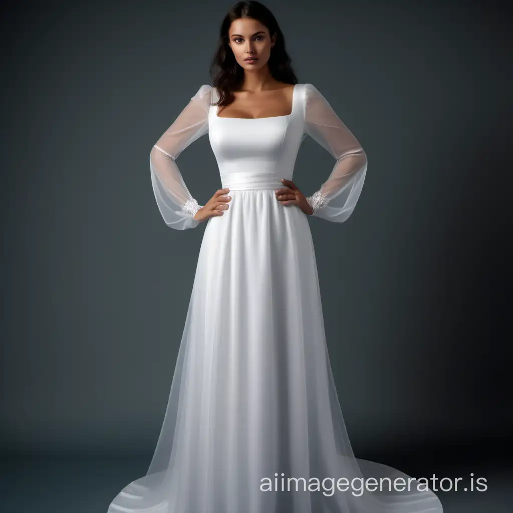 white wedding dress with a shallow neck line with square neck line on a full bust, long wide translucent sleeves at the cuffs. fitted at the waist on a medium sized Mannuaqe with big breasts
