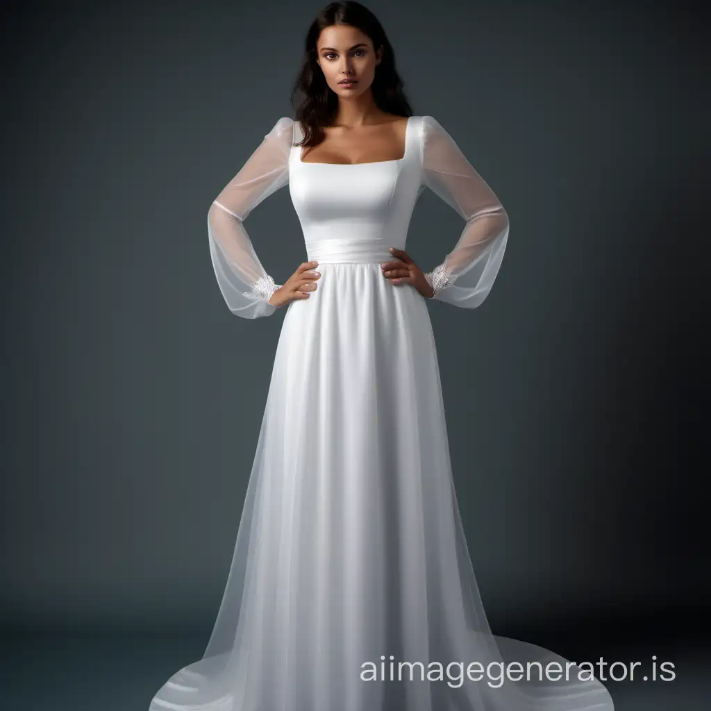 white wedding dress with a shallow neck line  with square neck line on a full bust, long wide translucent sleeves at the cuffs.  fitted at the waist on a medium sized Mannuaqe with big breasts