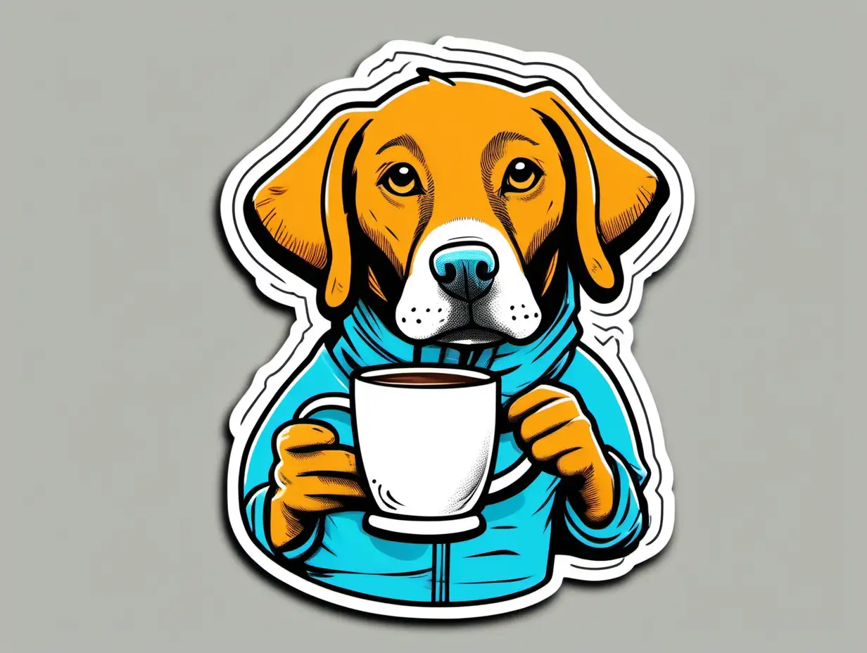 Cartoon Lab Dog Enjoying Coffee Playful Sticker Art in Vibrant Colors