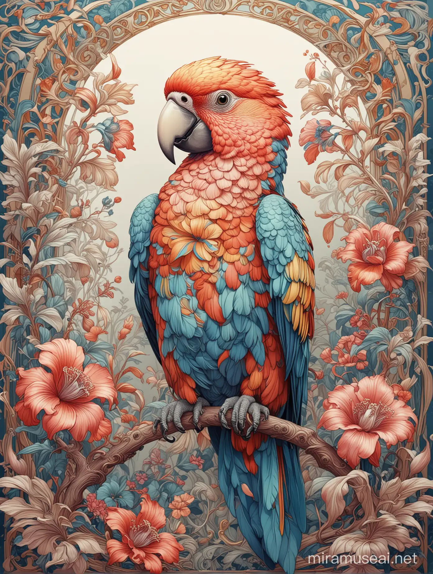 Graphic illustration Parrot, fantasy, ethereal, beautiful, Art nouveau, multi colours, in the style of James Jean